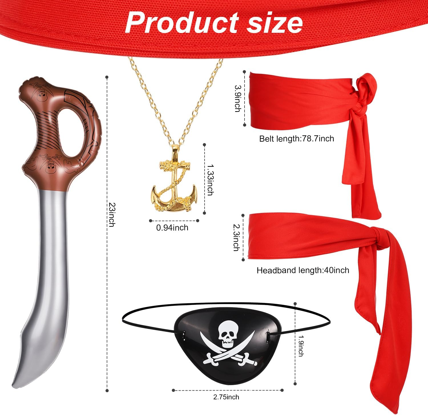 KINBOM 5Pcs Pirate Costume Accessories Set, Pirate Party Accessories Including Pirate Headband, Belt, Eye Patch, Necklace, Knife Shaped Balloon Cosplay Accessories for Pirate Party image number 2