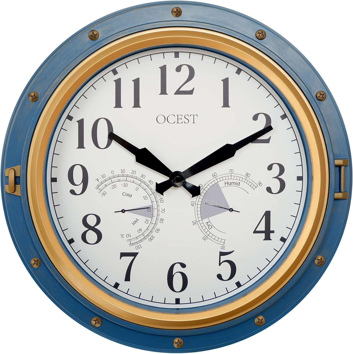 OCEST 16 Inch Garden Clocks Outdoor Waterproof, Large Thermometer, Hygrometer, Retro Design, Non-Ticking Battery Operated for Home Decor Patio (Blue)