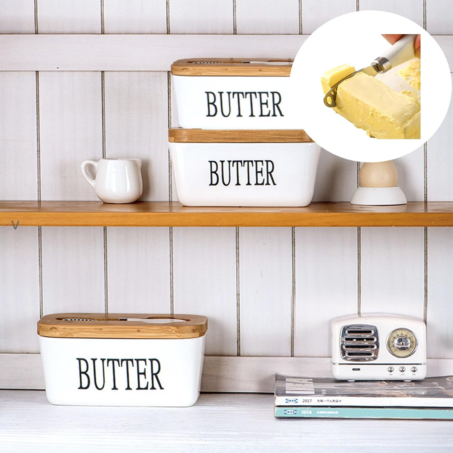 Xutong Butter Dish with Lid, Stainless Steel Butter Knife, Ceramic, Bamboo Lid, White image number 3