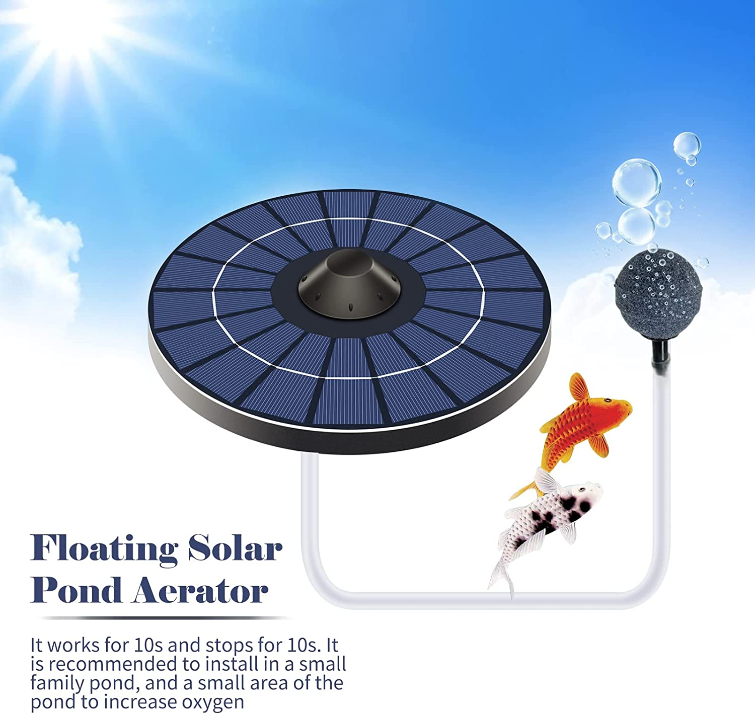 Solar Pond Aerator Oxygen Pump with Air Hose and Bubble Stone - Floating Water Aerator Fish Tank Oxygenator for Birdbath, Fountain, Small Pond Water Circulation image number 6