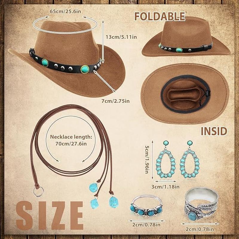 5Pcs Cowboy Hat Accessories for Women, Western Cowgirl Costume Set with Wide Brim Cow Boy Hat Turquoise Necklace Earrings Rings 70S Boho Hippy Fancy Dress for Adult Cosplay Carnival Halloween image number 4