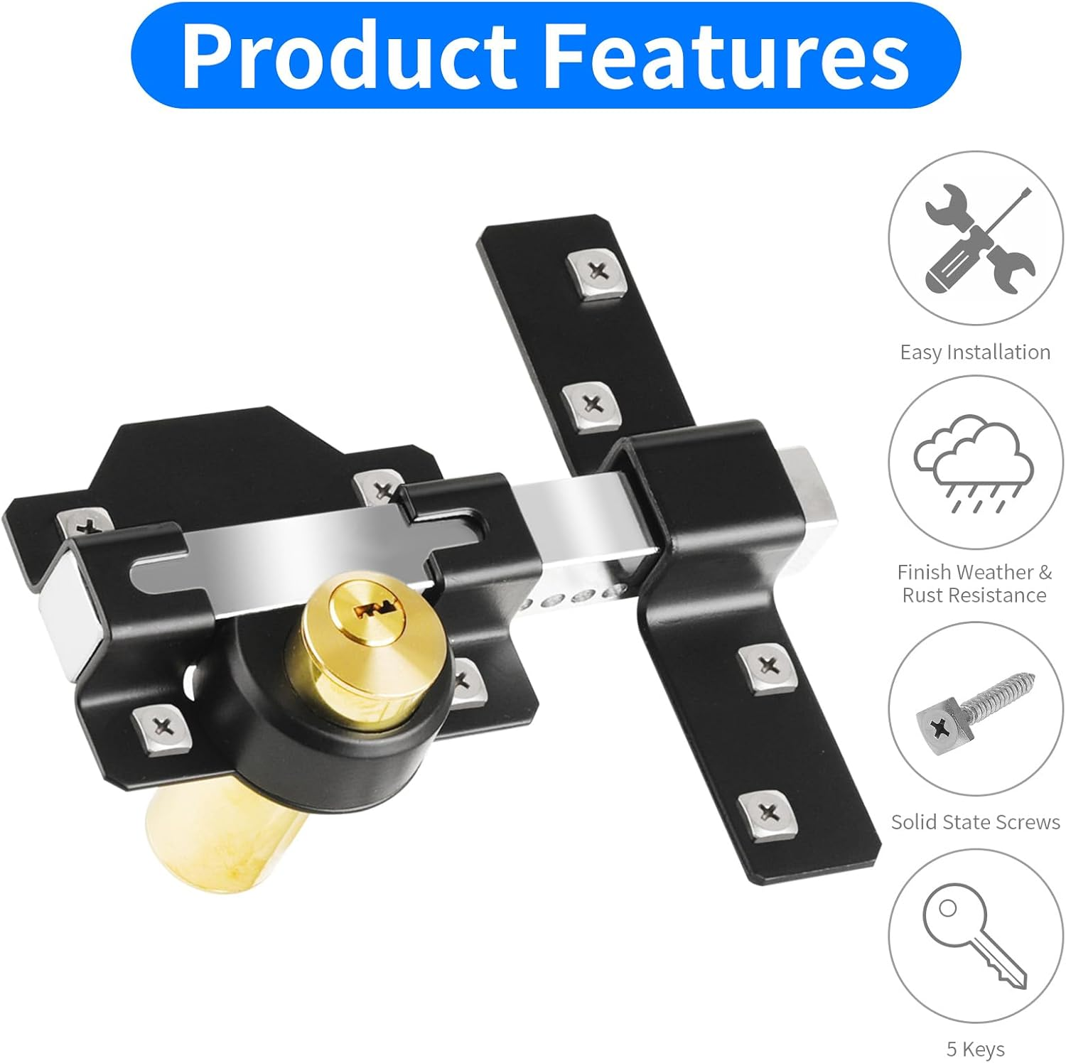 Long Throw Gate Lock, 50Mm, Double Locking, Stainless Steel Rimlock for Garage Door or Wooden Gate, 5 Keys Supplied