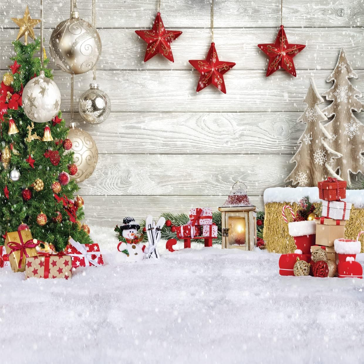 SJOLOON Christmas Backdrop White Wood Floor with Snowflake Backdrop Christmas Tree Gifts Background for Christmas Party Decoration Family Gathering 12392 (10X10Ft) image number 6