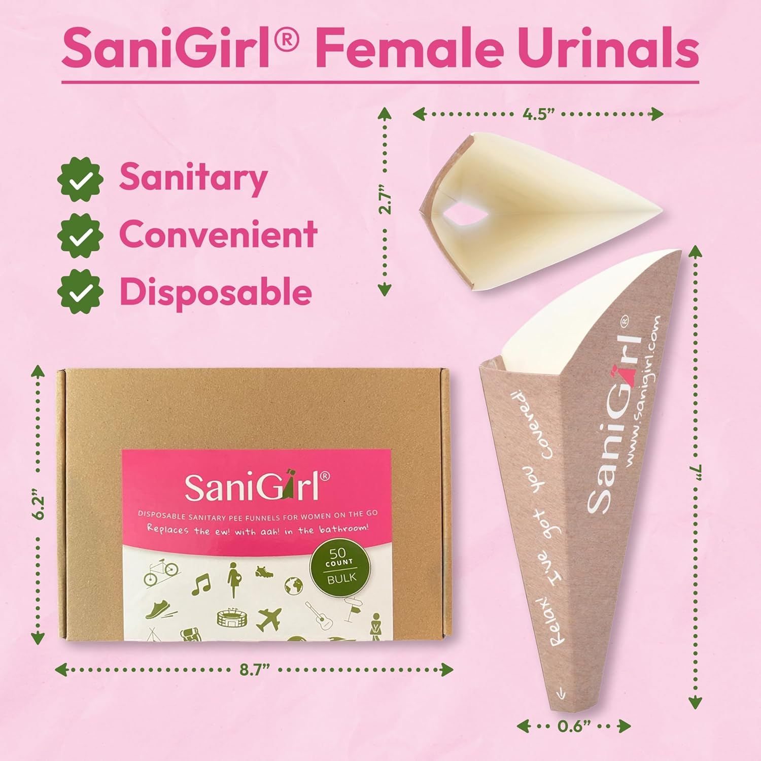 Sanigirl Pee Funnel for Women| Disposable| Female Urinal | Feminine Care | Portable Urination Device | Travel Essentials for Women | Camping Gifts for Women| Porta Potty Solution (50 Count Bulk Pack) image number 5