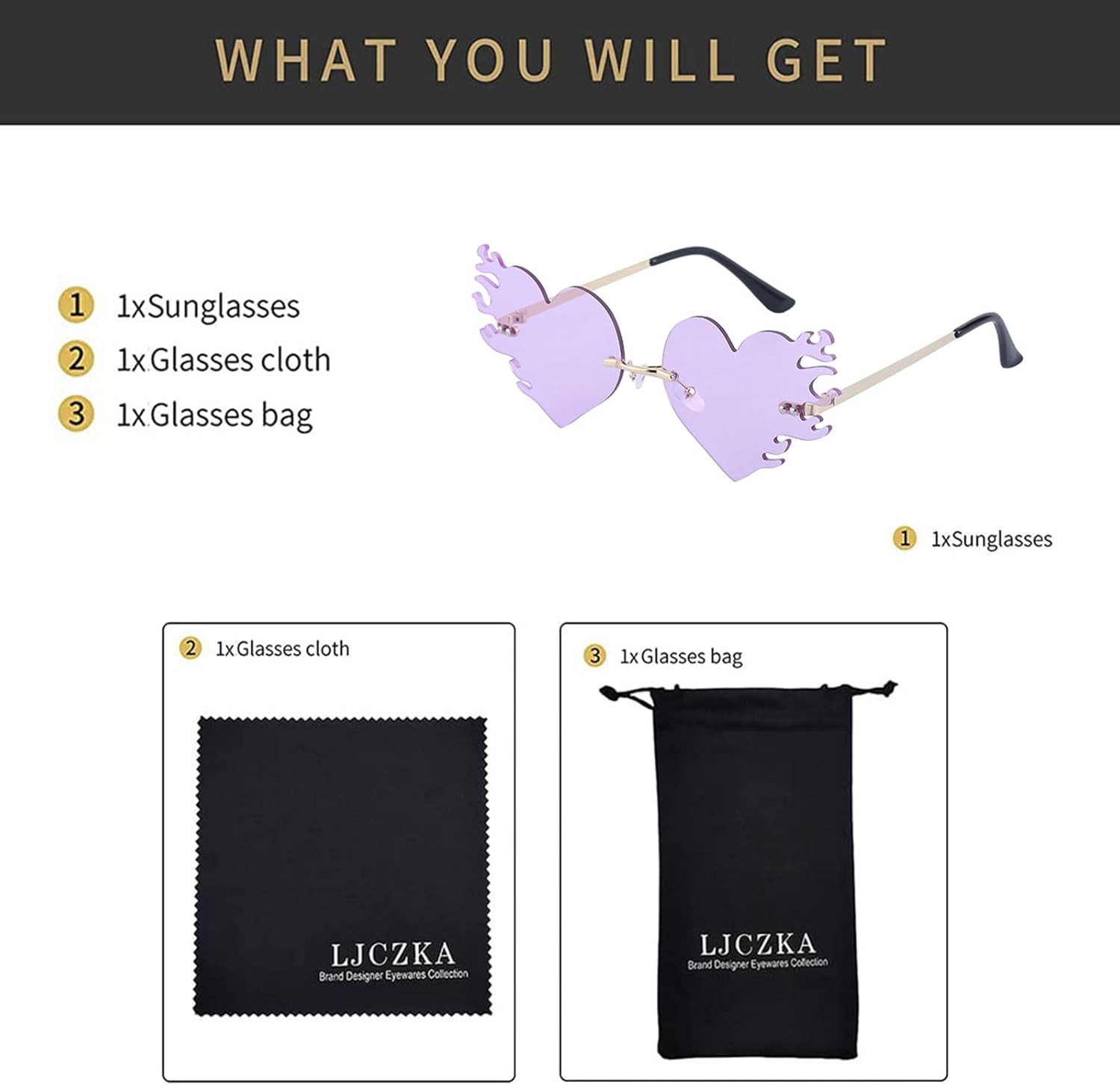 LJCZKA Heart Sunglasses with Flames Women Men Rimless Sunglasses Rave Hippie Glasses Halloween Party Festival Unisex