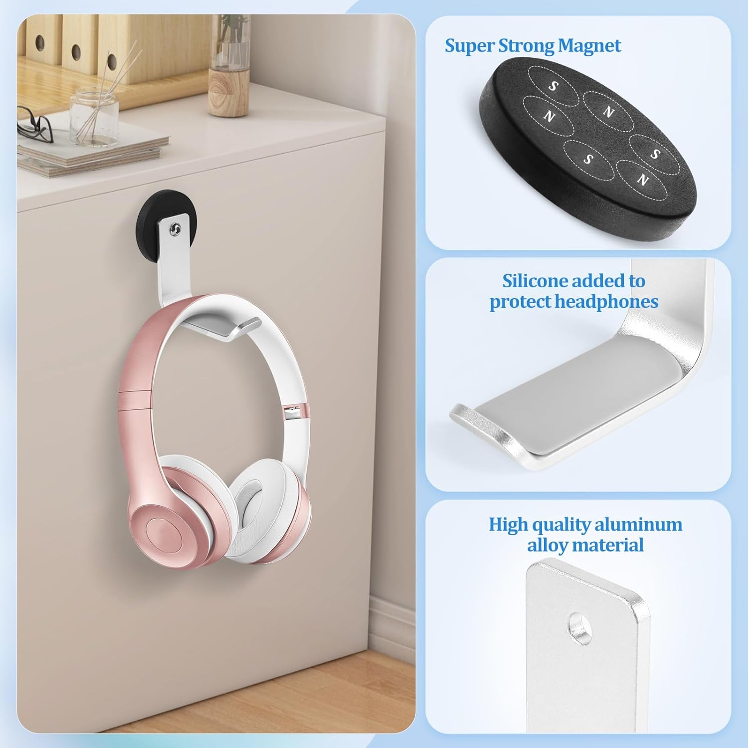 Magnetic Headphone Holder, Aluminum Headset Hooks, Headphone Hanger for Desk & Table, Headphone Mount Stand with Rubber Pad, Compatible with All Computer/Gaming Headsets (Silver) - Silver image number 5