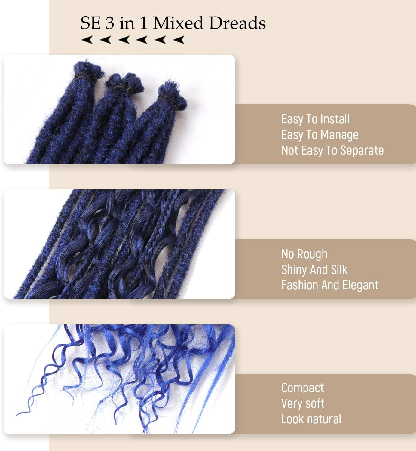 24 Inch Synthetic Dreadlock Extensions Hippie Single Ended Dreads 0.6 Cm Width Loc Extensions Reggae Style Crochet Hair for Women (T1B/Blue, 3 Styles Mixed 24 Inch(18 Strands)) image number 4