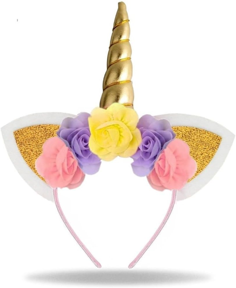Hatstar Gold Unicorn Headband | Unicorn Headband | Ears Headband with Flowers | Accessories for Birthday, JGA, Carnival and Fancy Dress image number 1