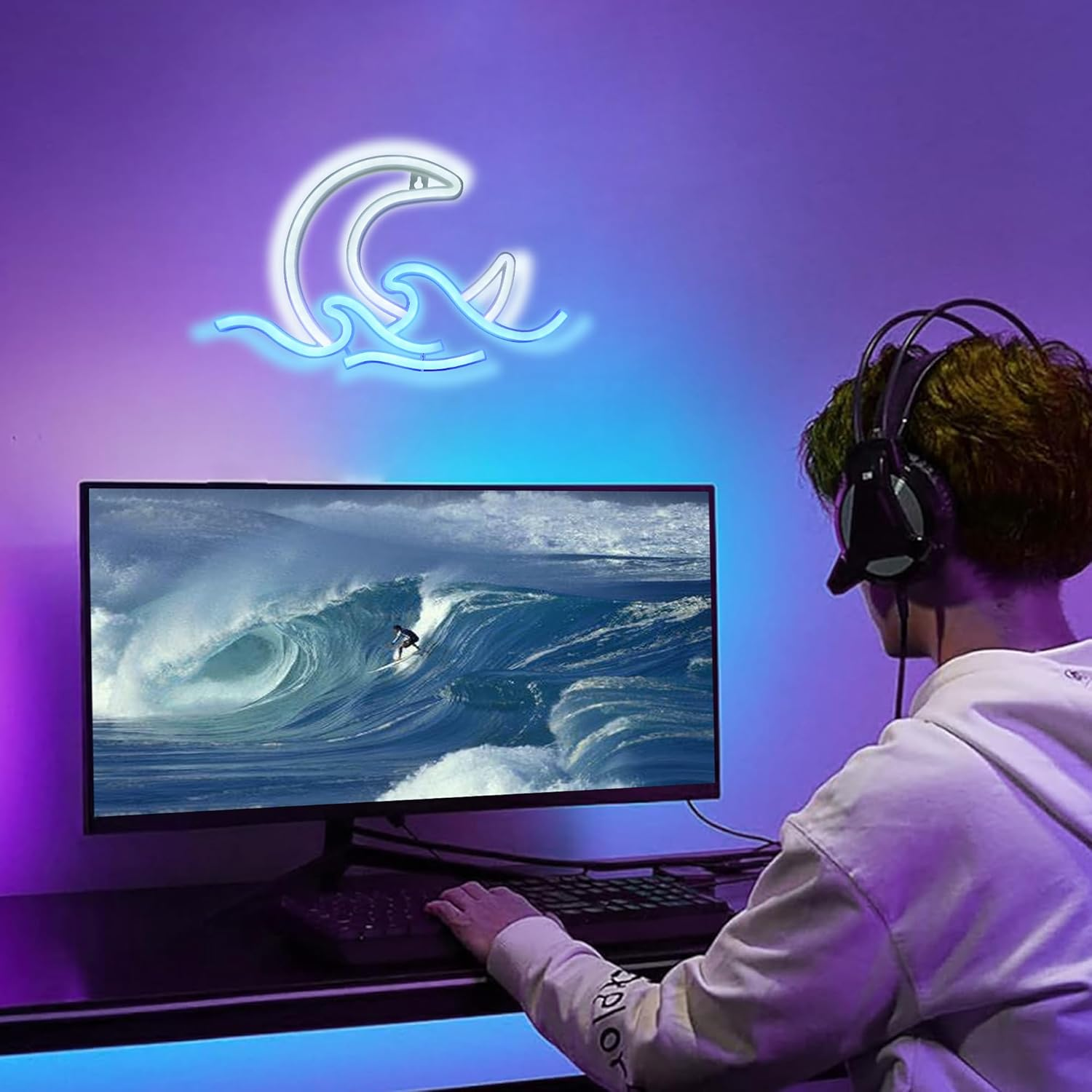 WIOSOUL Sunrise Sunset Neon Sign Moon over Sea Neon Light 11.6X7.1 Inch Twilight Wave LED Wall Signs for Room Decor Acrylic Neon Light Sign for Bedroom,Party, Living Room,Home Decor (Moon Waves) - Blue Finger image number 5