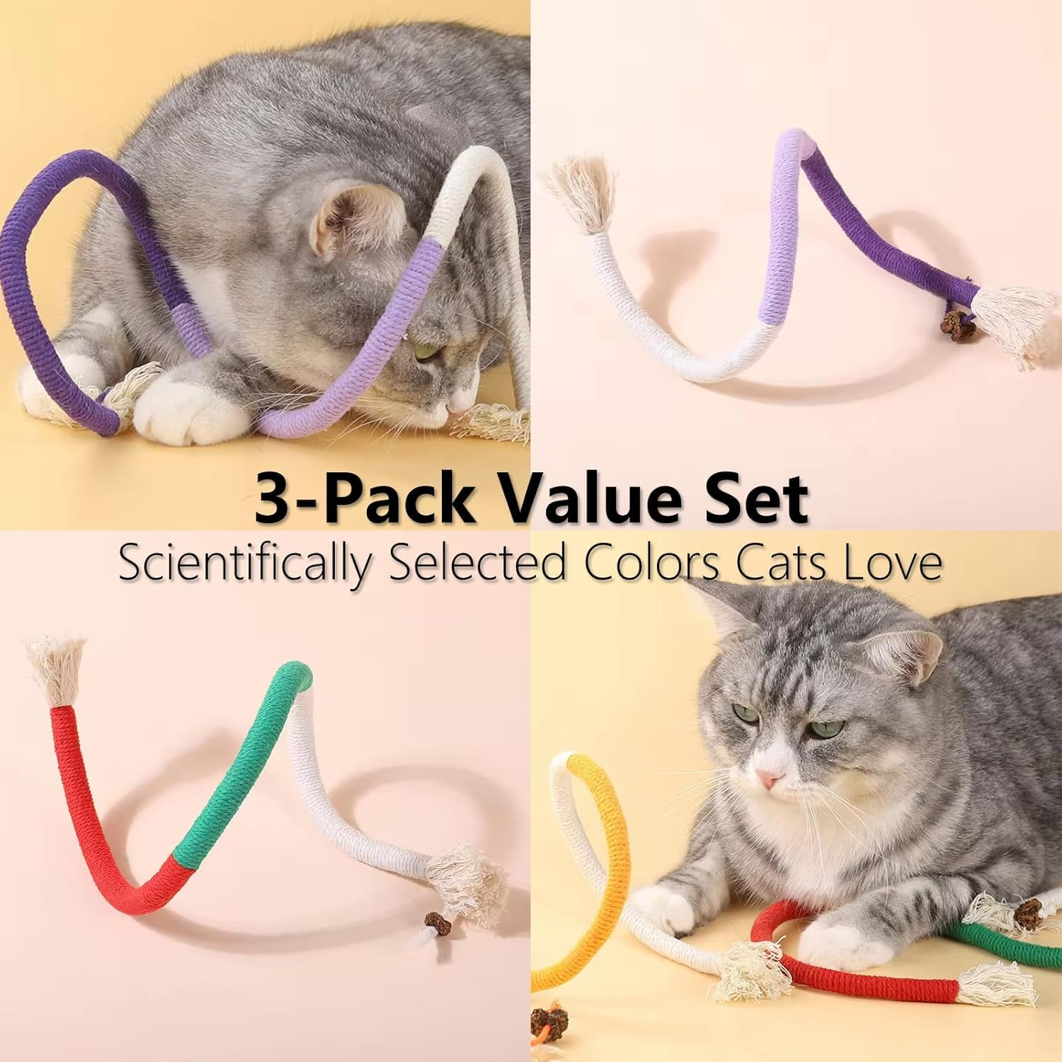 3 PCS Cat Chew Toys Rope Set, 27.56" Natural Sisal & Cotton Rope Cat Toys with Catnip, Pet-Friendly Teething & Oral Care Toys for Indoor Cats and Kittens image number 6