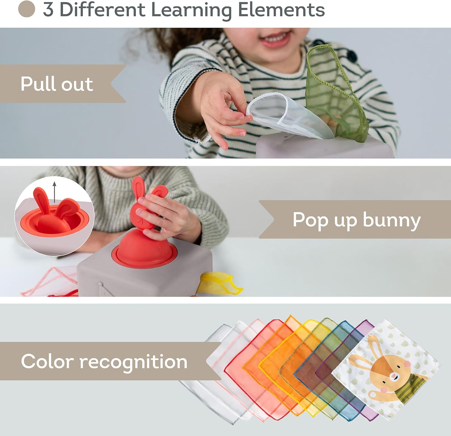 Taf Toys Baby Tissue Box Montessori Toy for Babies - Sensory & Motor Skills Development Silicone Box with 10 Fabric Tissues, Pop-Up Bunny, Toys for 1 Year Old Boy Girl Preschool Toy image number 2