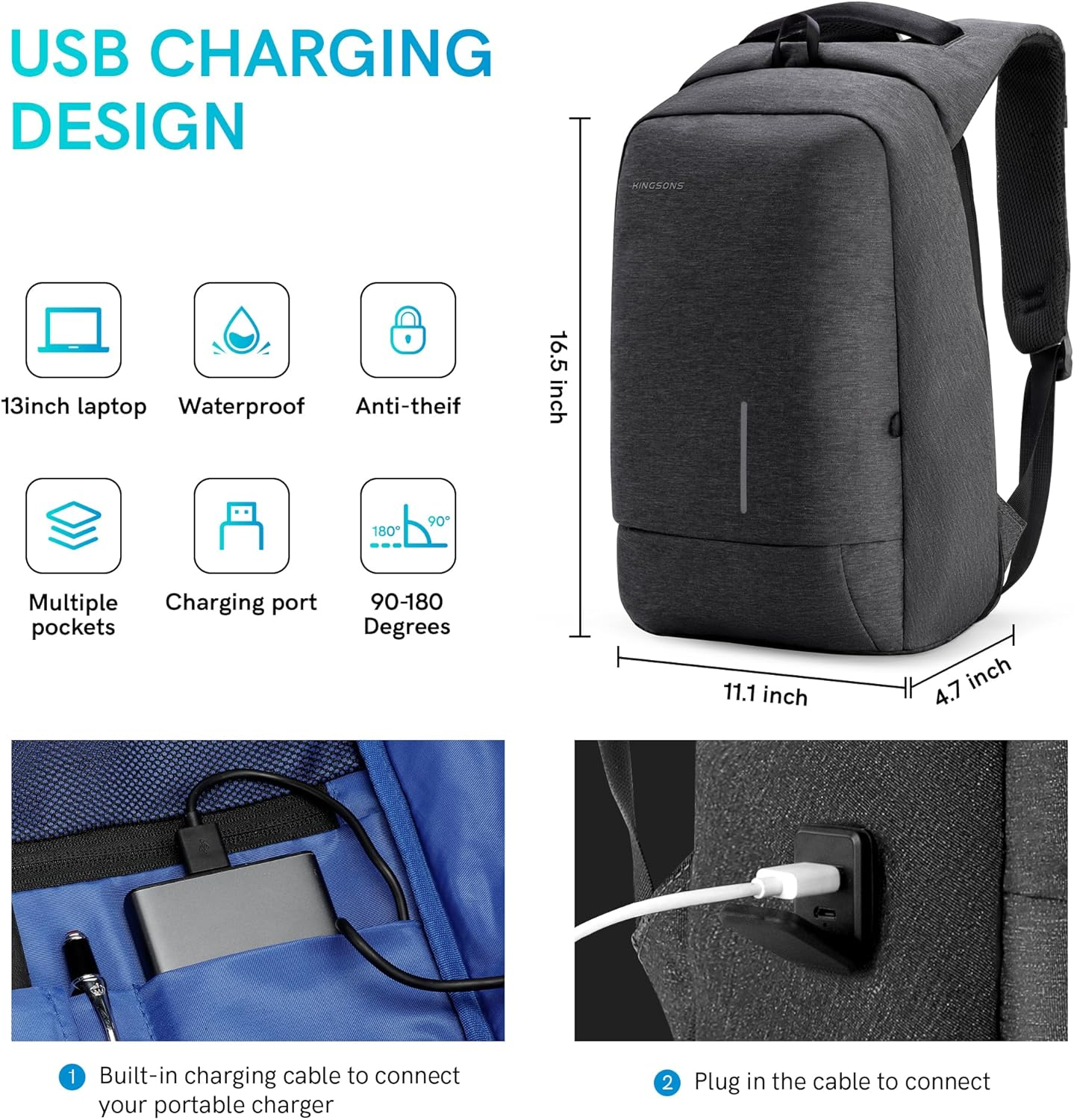 Kingsons Laptop Backpack, Slim Business Travel with USB Charging Port Anti-Theft for 13.1 15.6 17.3 Inch Laptop&hellip; image number 1