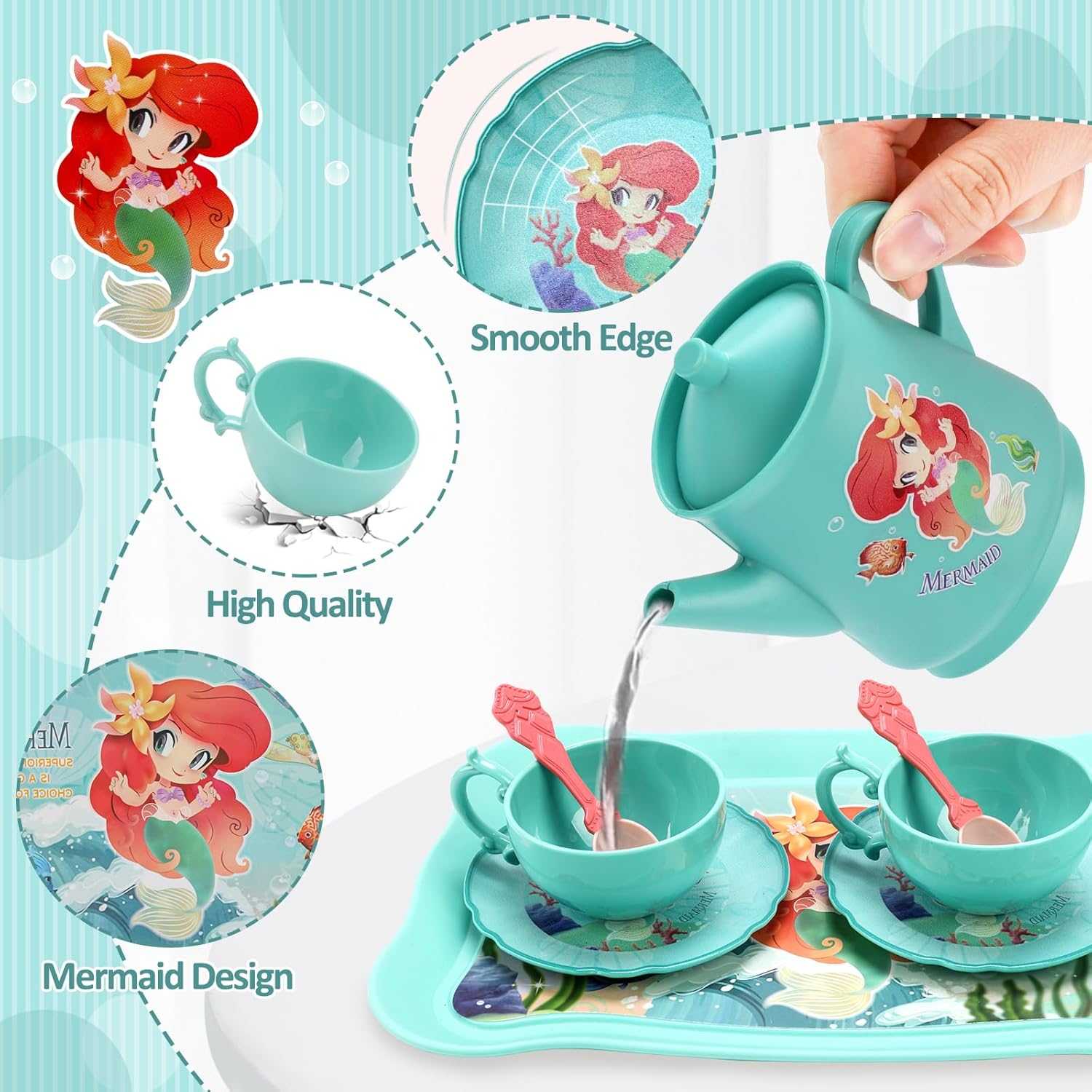 REMOKING 45PCS Mermaid Toys Tea Set for Girls,Birthday Gifts for Age 3+ Year Old Kids,Pretend Teapot,Dessert Playset, Carrying Case for Role Play,Princess Toy for Girls 2-6 Year Old image number 4