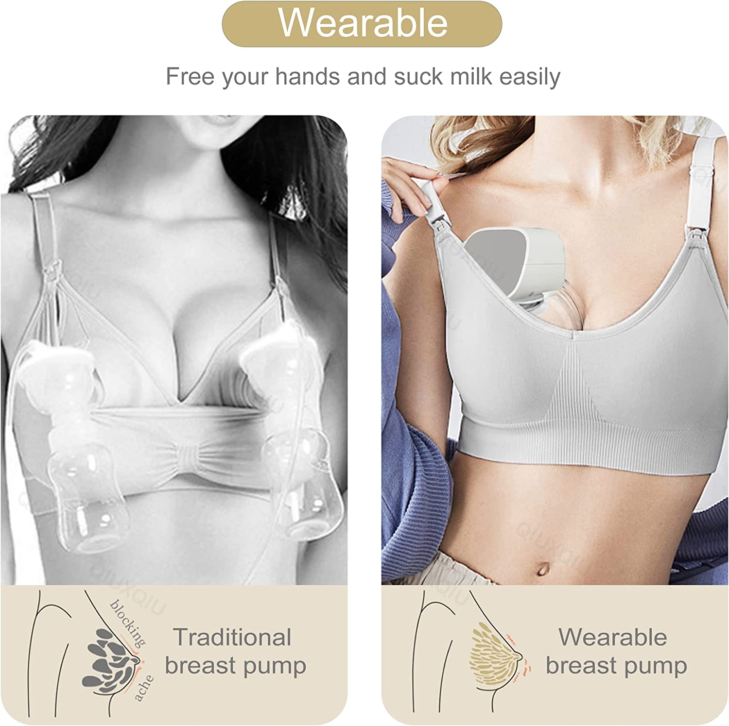 QIUXQIU Double Wearable Breast Pumps Electric Hands-Free Breast Milk Extractor Spill-Proof Ultra-Quiet Pain Free Breastpump with 2 Mode&5 Levels USB Rechargeable Battery Breast Milk Pump (Grayx2) image number 4