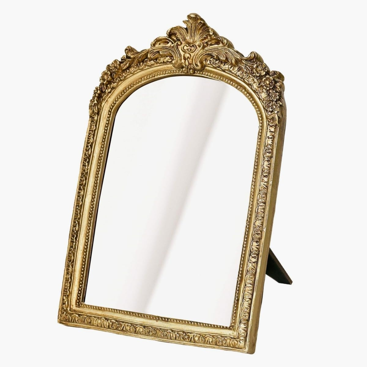 Small Gold Vintage Vanity Desk Makeup Mirror, Antique Decorative Wall Mirror, (12 X 19Cm) Resin Carved Arch Table Mirror with Stand for Living Room,Bedroom Dresser,Desktop Decor image number 6