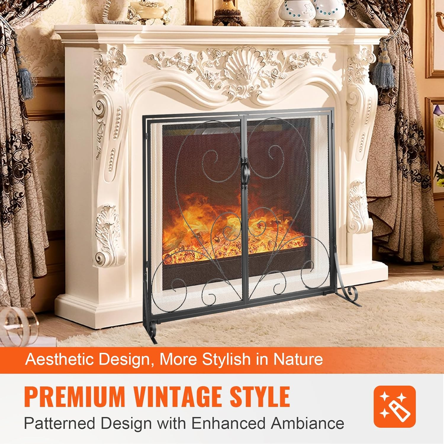 VEVOR Fireplace Screen 2 Panel with Door, Sturdy Iron Mesh Fireplace Screen, 990(L) X802(H)Mm Spark Guard Cover, Simple Installation, Free Standing Fire Fence Grate for Living Room Home Decor Vintage image number 4