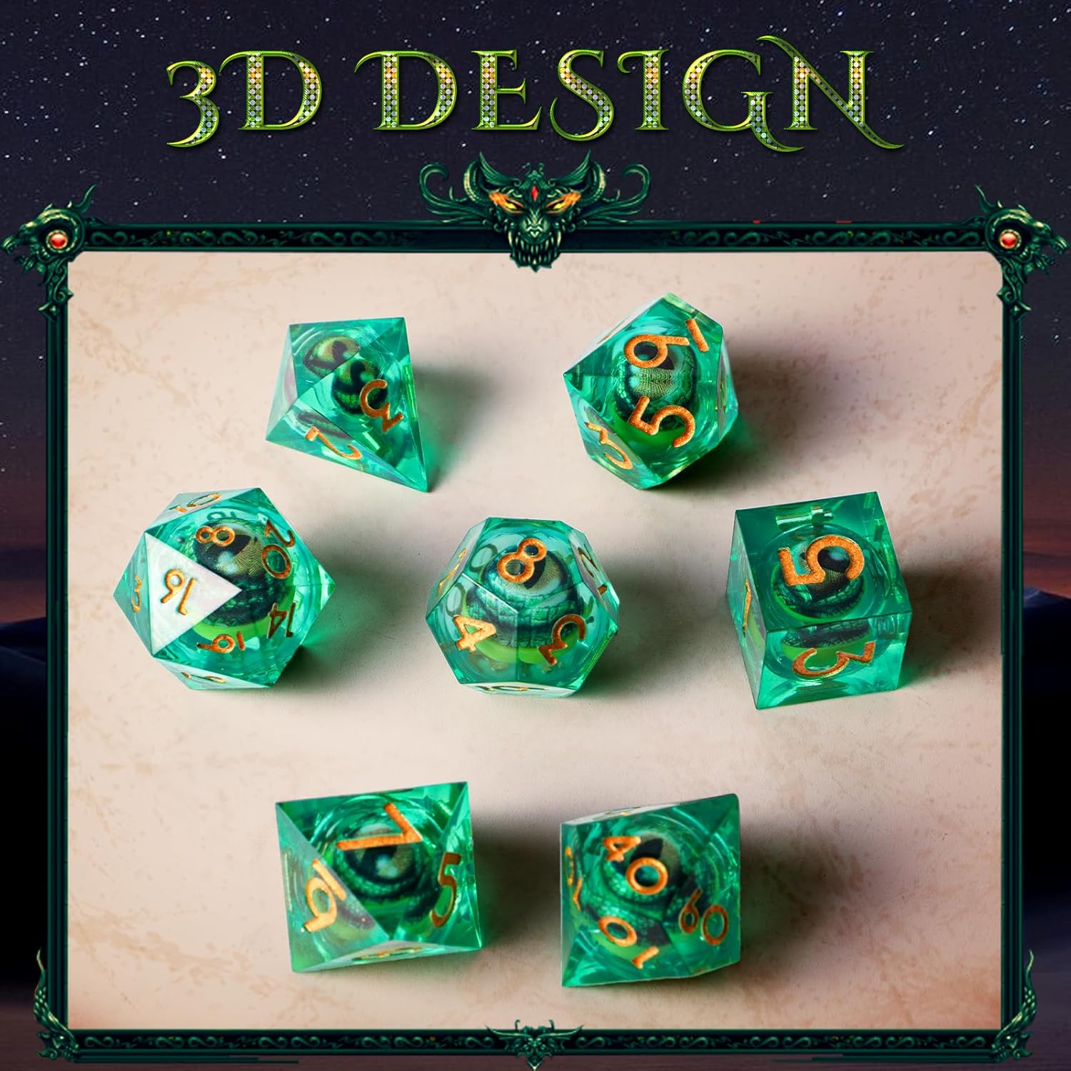Byhoo DND Rotating Eye of the Dragon Dice Set,7 PCS Transparent Green Polyhedral Dice with Eye of the Dragon,D&D Dice Set for Tabletop RPG Board Games, D&D Enthusiast Dice Gift image number 4