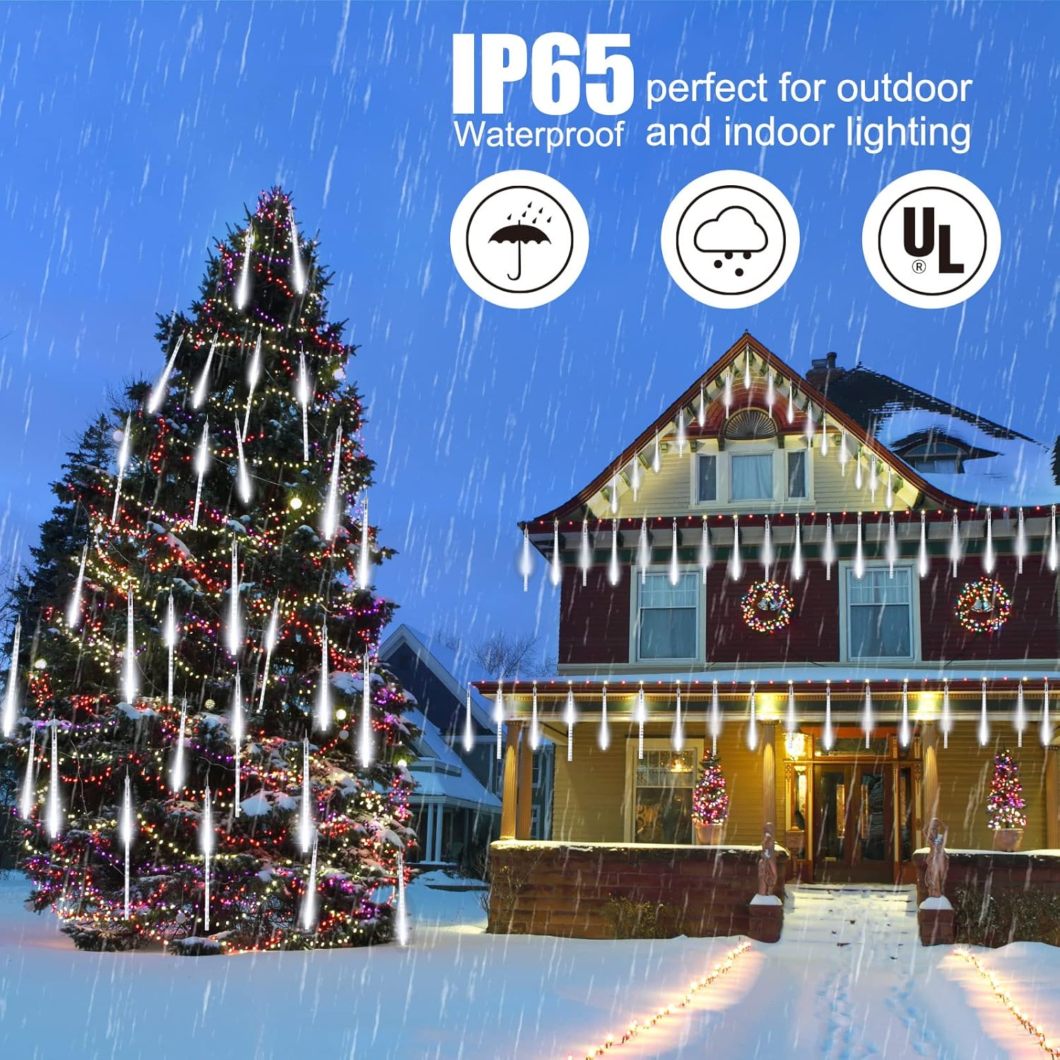 Solar Christmas Lights Outdoor Waterproof, Meteor Shower Lights Solar Powered, 16 Inches 8 Tube 288 LED Solar Icicle Tree Lights for Tree Bushes Holiday Parties Christmas Patio Decor, Pure White image number 4