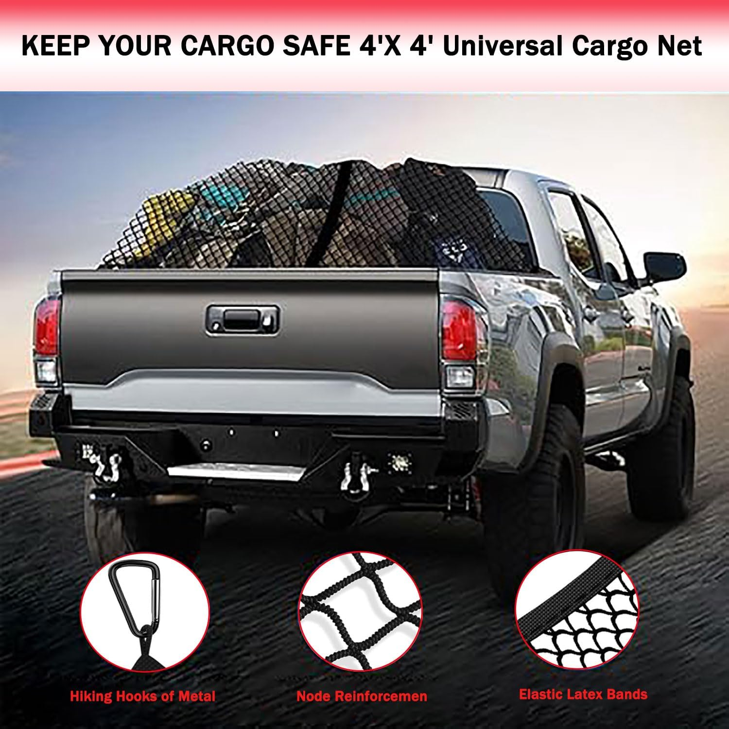 Yqkangzhu Cargo Net for Pickup Truck Bed, Highly Elastic Cargo Net, Truck Bed Cargo Mesh Organizer for Daily Light Loads of SUV ATV UTV Boat, 4'X4' Stretches to 7'X7', with 6 Metal Carabiner and Hook image number 6