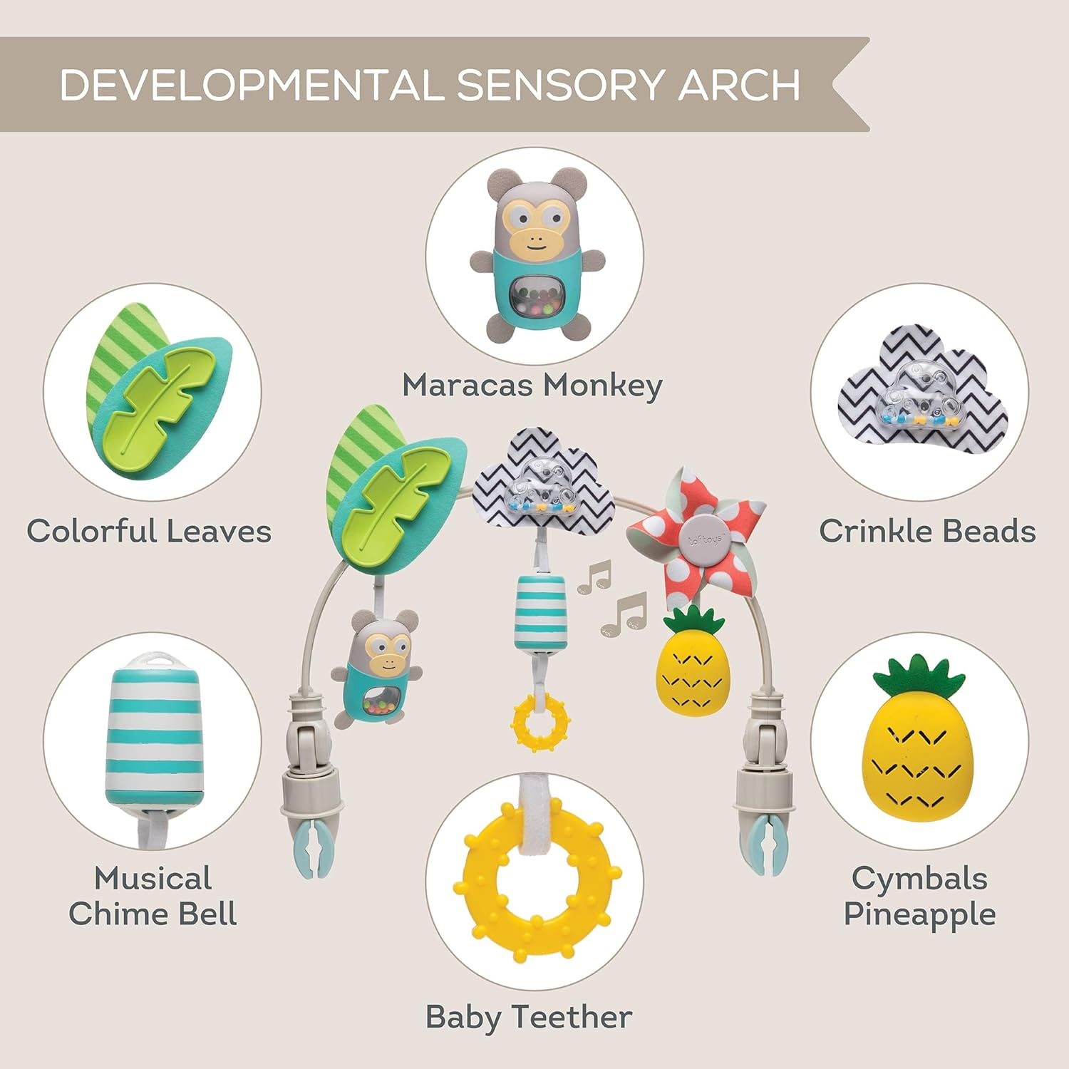 Taf Toys &lsquo;Tropical Orchestra Arch&rsquo; | Ideal for Infant & Toddlers, Fits Stroller & Pram, Activity Arch with Fascinating Toys, Stimulates Baby&rsquo;S Senses and Motor Skills Development, Easier Outdoors image number 1