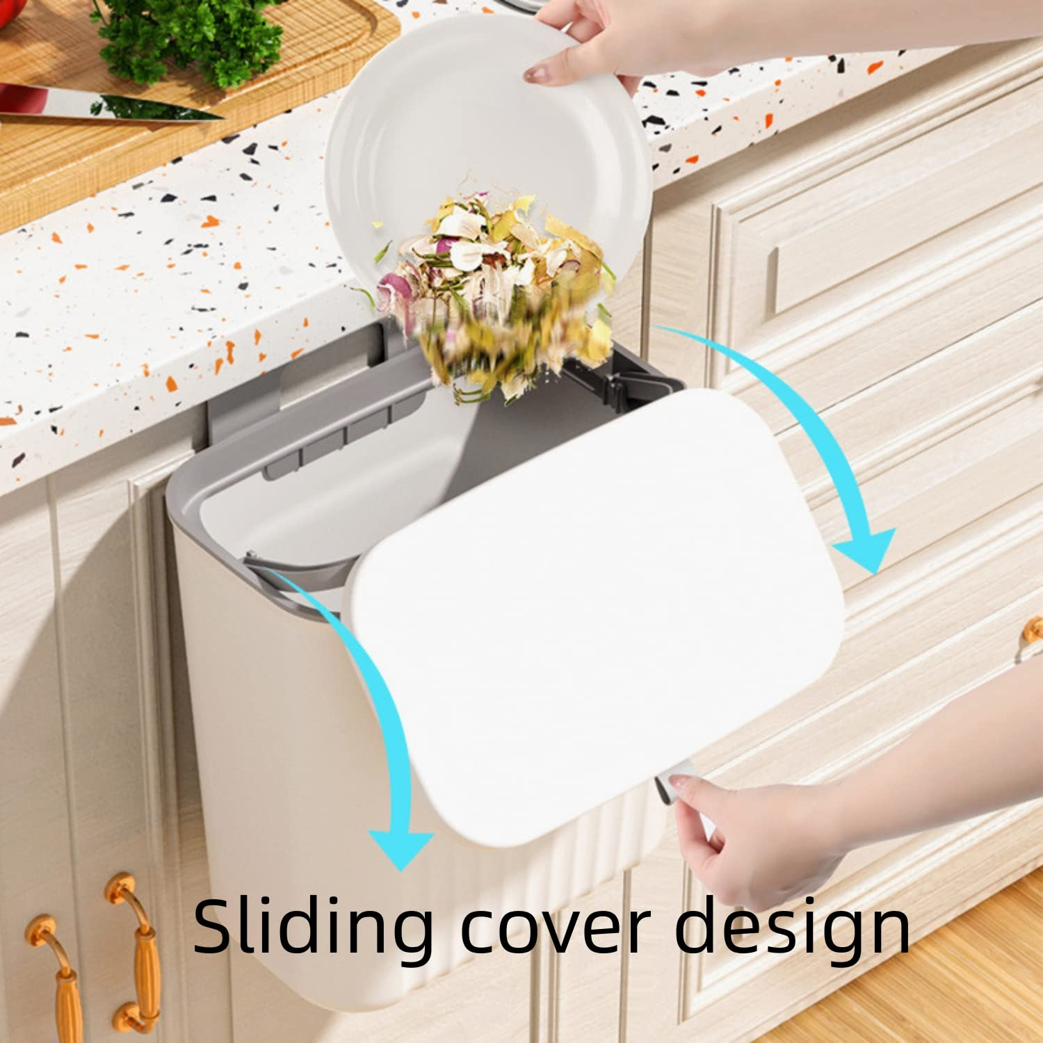 DAIYEE 9L Kitchen Compost Bin for Counter Top or under Sink, Hanging Large Capacity Trash Can with Lid for Cupboard/Bathroom/Bedroom/Office/Camping, Mountable Indoor Compost Bucket（White 1Pcs） - 2Pcs Gray image number 6