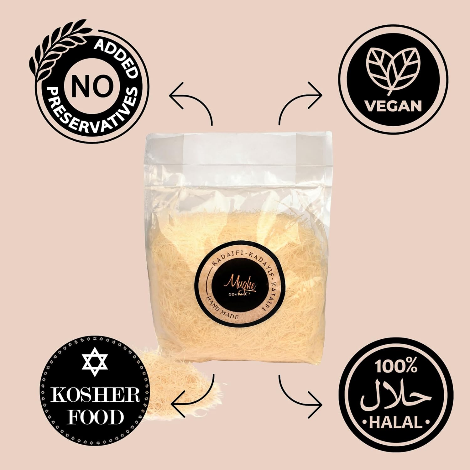 Mughe Gourmet - Premium Dried & Chopped Kataifi Dough - Kurutulmuş Kadayif Hamuru - Baklava, Kunafa & Dubai Pistachio Chocolate Bar Ingredient 400G image number 4