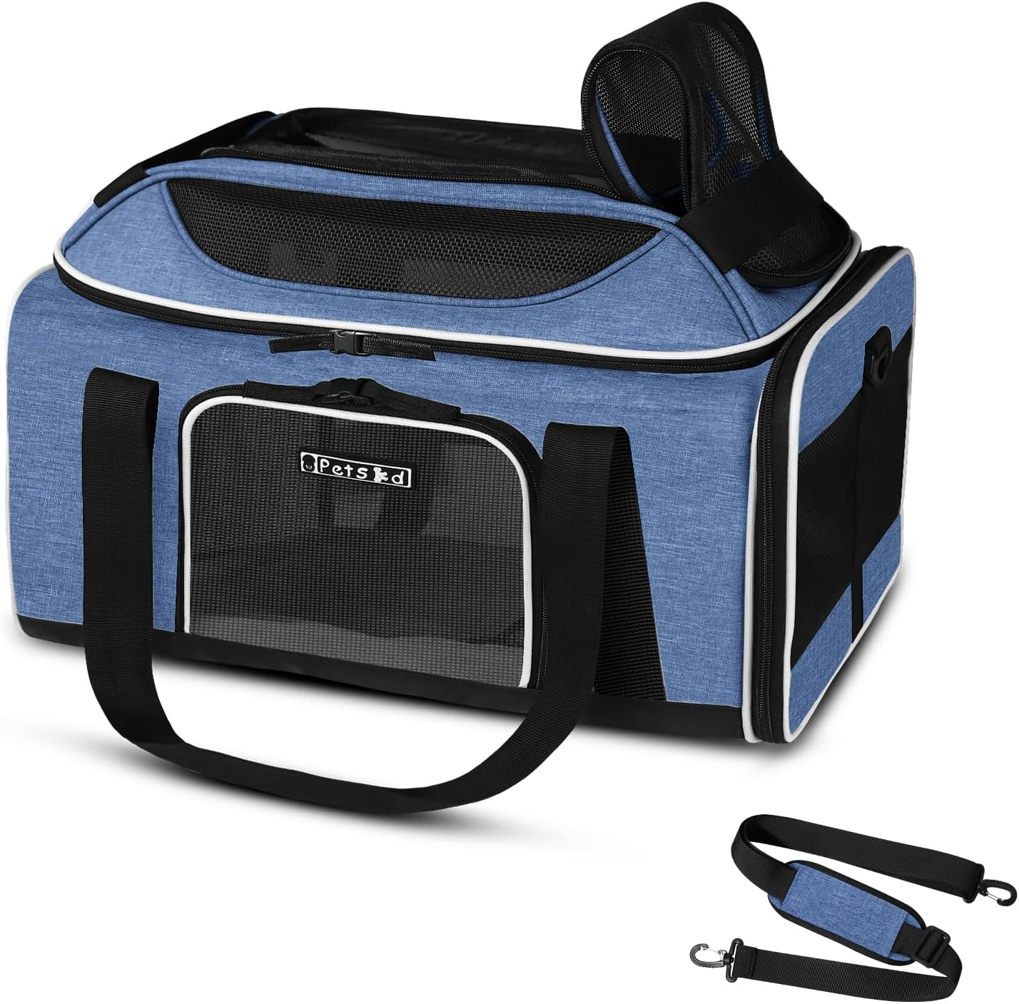 Petskd Top-Expandable Pet Carrier 17X12X8.5 Inches Jetblue Allegiant Spirit Airline Approved, Soft-Sided Carrier for Small Cats and Dogs with Locking Safety Zippers and Anti-Scratch Mesh(Blue) image number 1