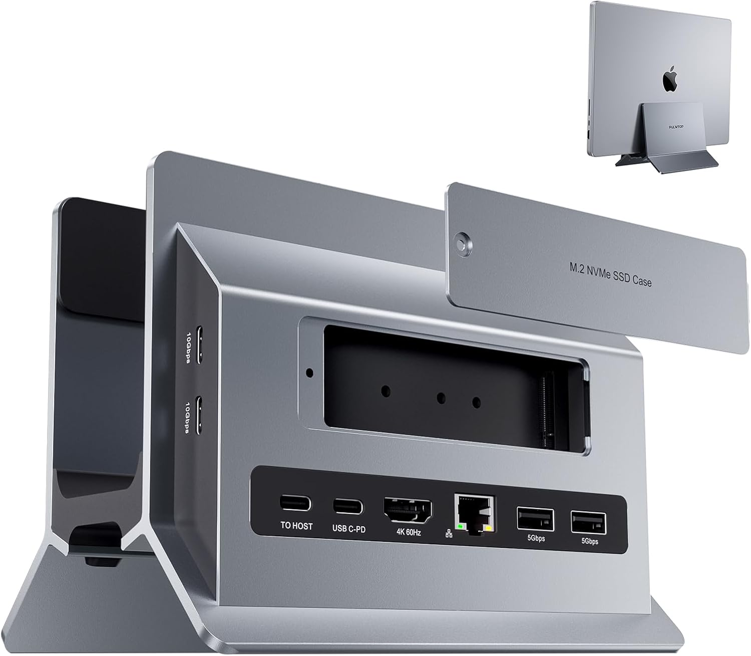 PULWTOP Vertical Laptop Docking Station for Macbook Pro Air, Support M.2 SSD Expansion, HDMI 4K, 2 USB-C 10Gbps, 2 USBA 5Gbps, RJ45, SD/TF, USB-C 100W PD Dock for Full-Featured Type-C Laptops - Black