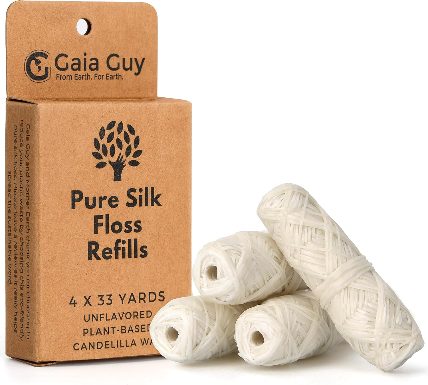 Gaia Guy Silk Dental Floss Refill | Unflavored Natural Silk | 4 Spools X 30 Meters | Compostable, Sustainable & Biodegradable Silk Flossing Thread & Eco-Friendly Packaging image number 1