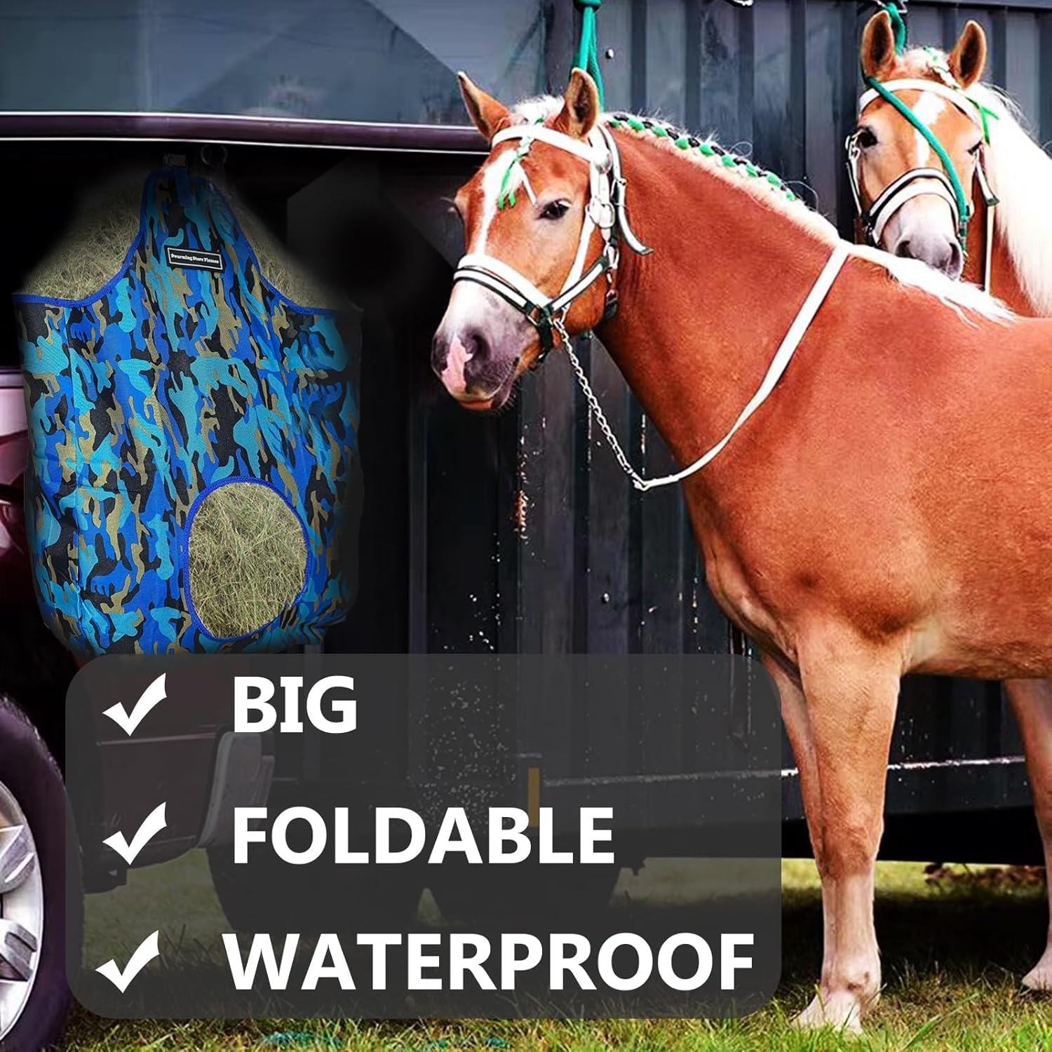 Heavy-Duty Slow Feed Hay Feeder Bag for Horses, Cows, Goats & Donkeys - Large Capacity Oxford Fabric Sack with Metal Snap Fasteners & Efficient Open-Feed Holes (Camouflage) image number 3