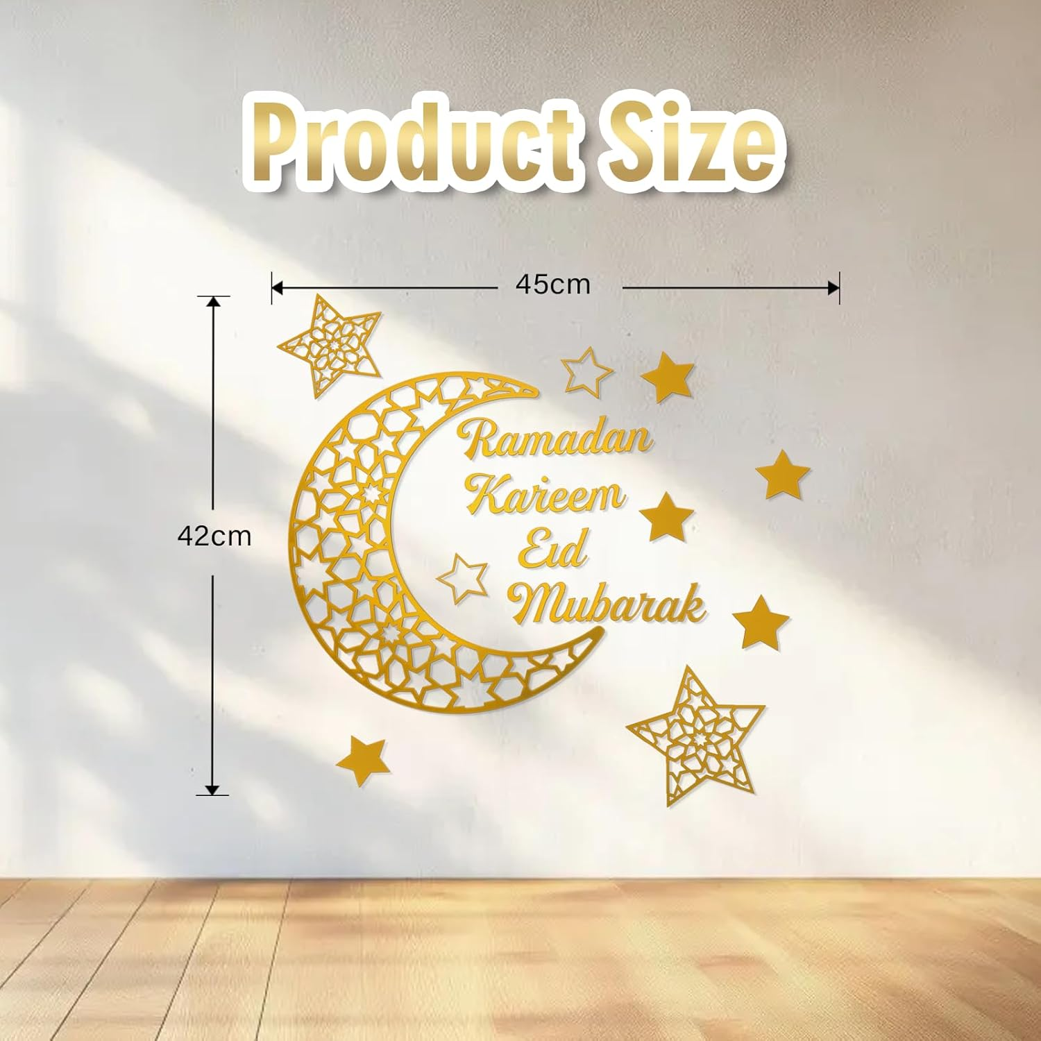Fiohiros Gold Acrylic Ramadan Decorations Sticker Wall, Mirror Ramadan Wall Stickers with Adhesive Art Decal, Eid Mubarak Wall Art Decoration for Bedding Room Wall Decoration (Gold Star Moon) image number 4