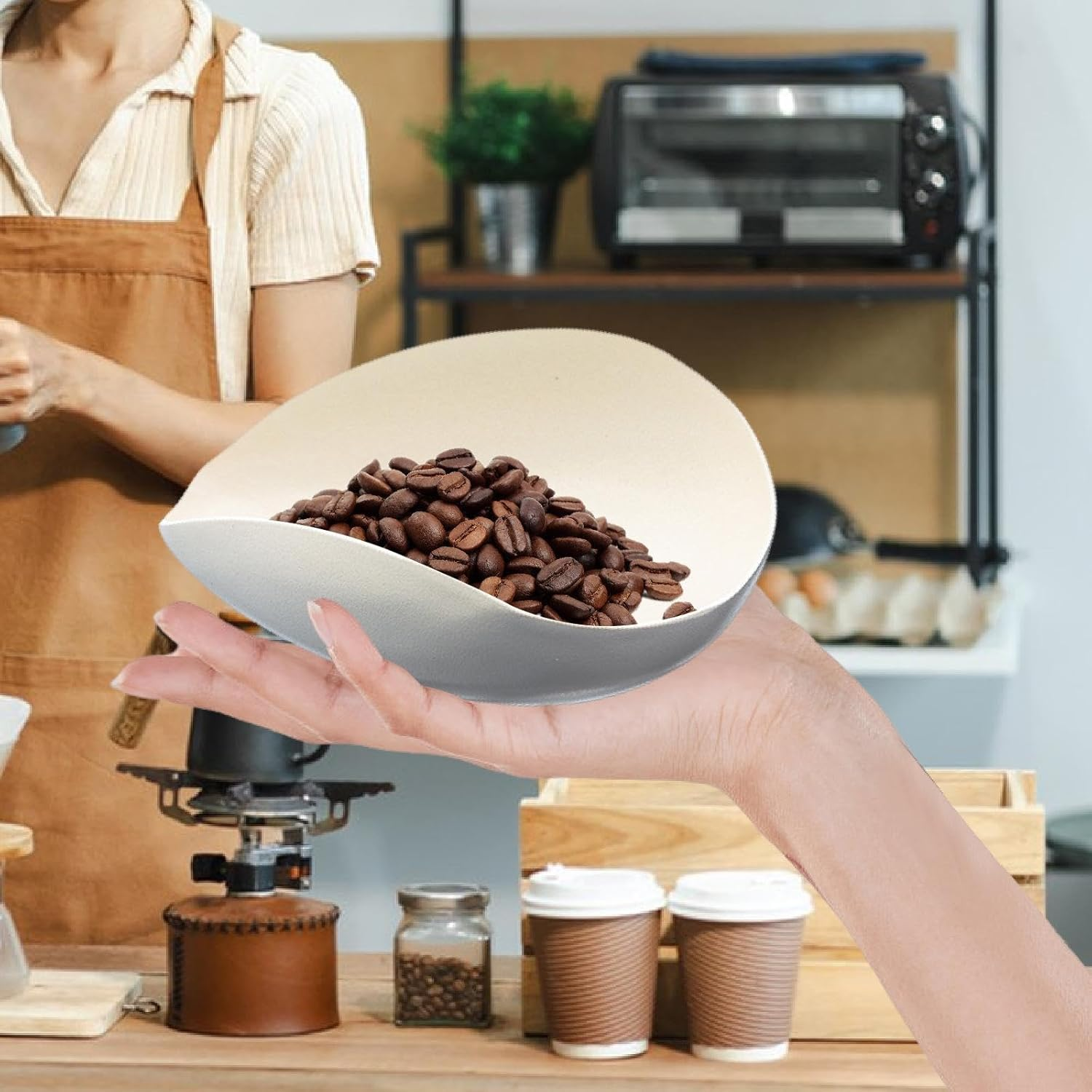 Perfk Coffee Bean Dosing Cup,Single Dose Tray Coffee Beans Loose Leaf Tea Dosing Vessel for Household Bar Gift, White - Wood Grain Color image number 2