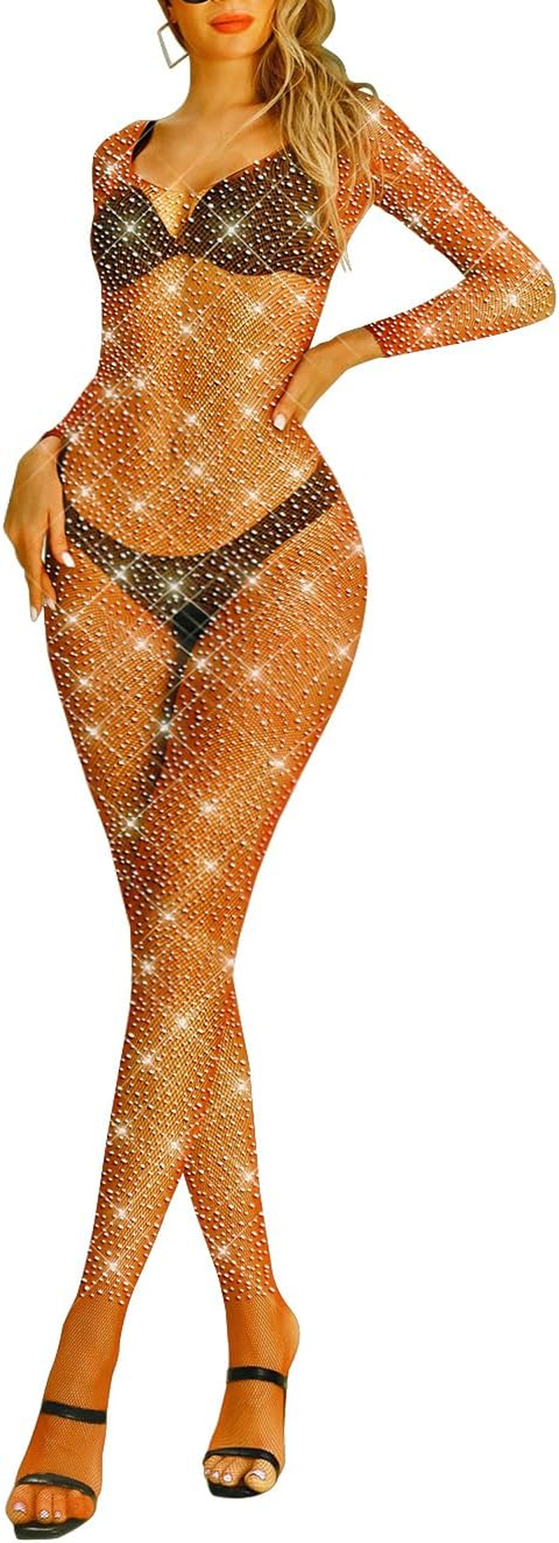 LUCKELF Womens Classic Fishnet Bodystocking Lingerie Party Sparkle Rhinestone Stockings One Piece