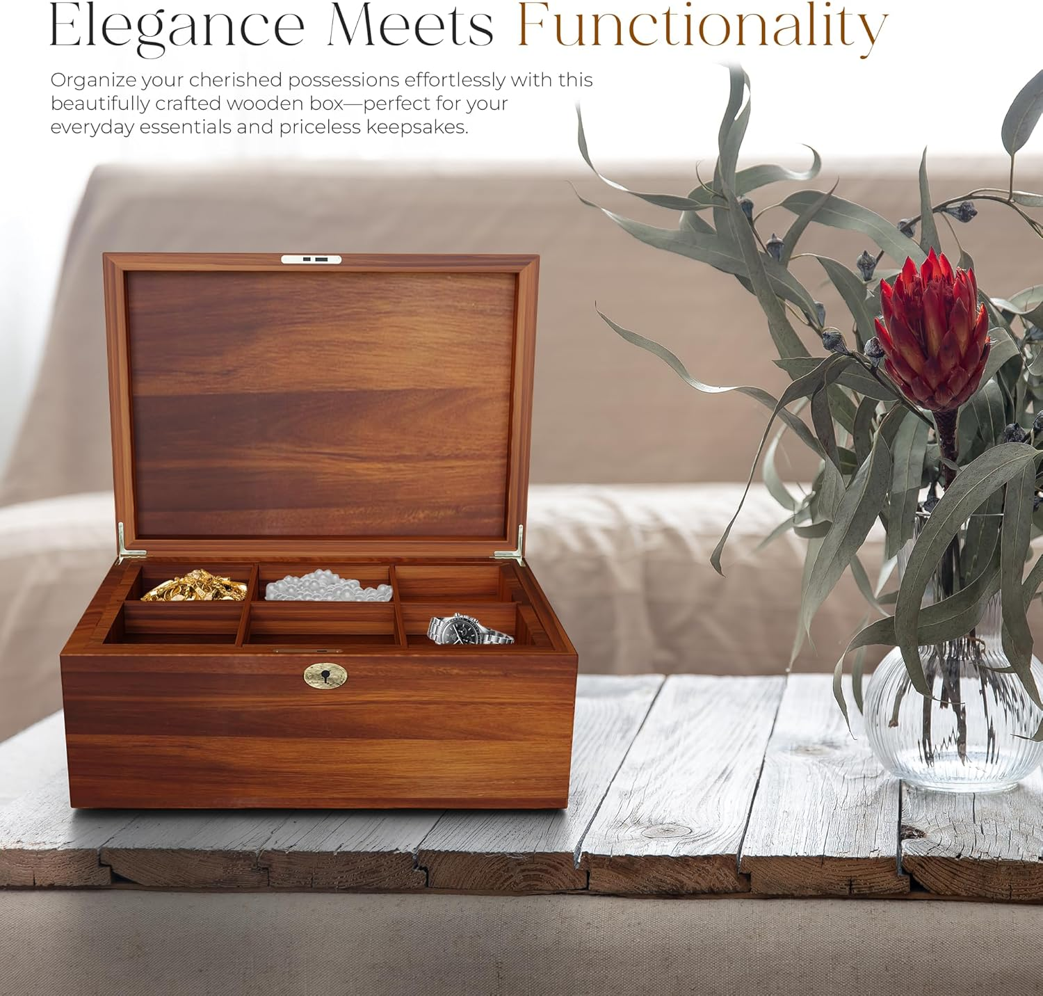 LUSH & STYLE Acacia Wood Box, Keepsake with Hinged Lid and Locking Key, Decorative, Memory Treasure, Wooden Storage Box, Wooden Gift Box (Divider Model) image number 1