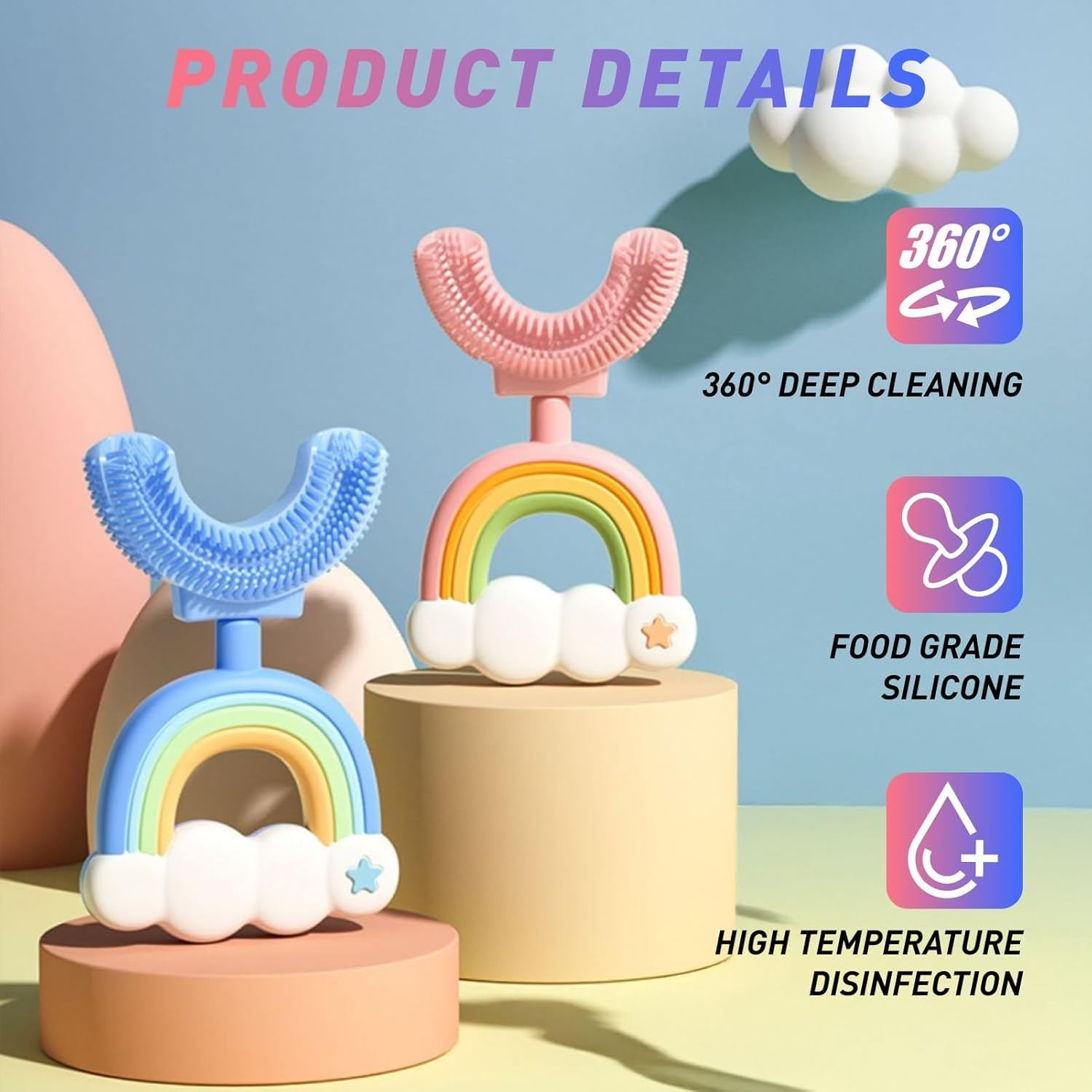 2 Pcs U Shaped Silicone Toothbrush for Kids Age 1-7 Years Extra Soft 360&deg; Teeth Cleaning Toddler Toothbrush for Sensitive Gums Easy Grip Handle Pink Blue image number 5