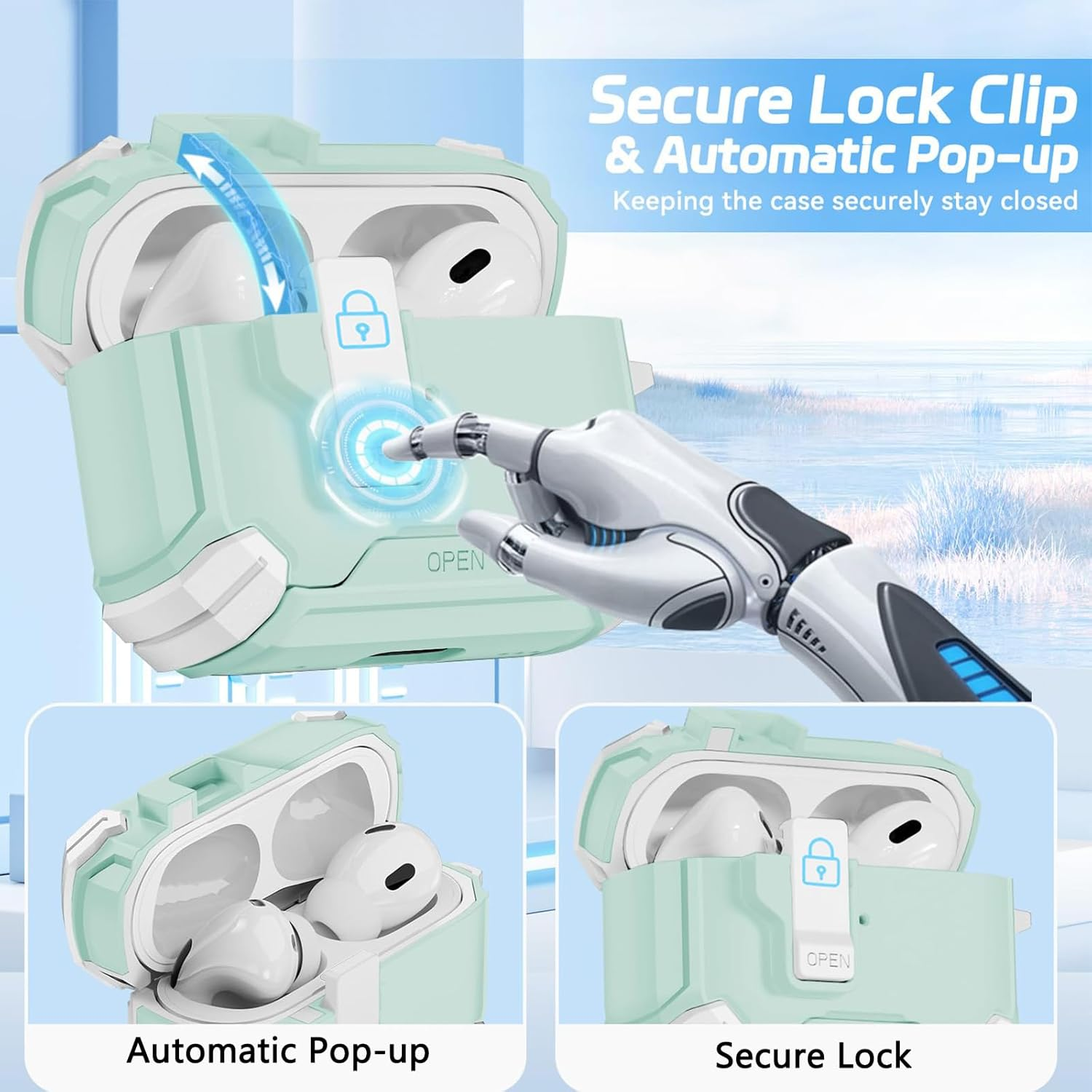 Komiyaa for Airpods Pro 3 Case (2025) with Phone Stand, [Compatible with Magsafe Wireless Charging, Magnetic Automatic Lock Cover with Keychain for Airpods Pro 3Rd Generation (Green) - Black/White image number 2