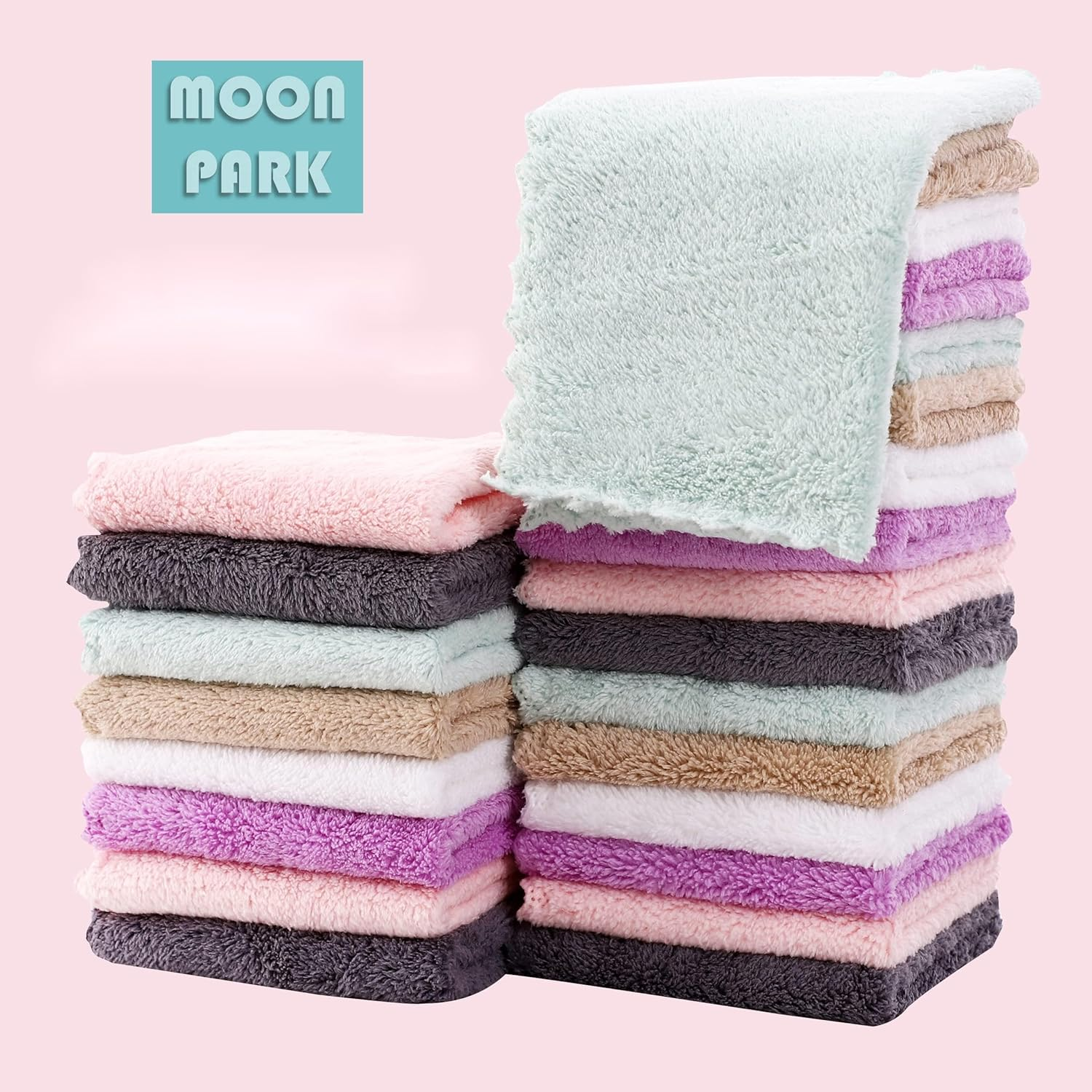 MOON PARK Baby Washcloths, 24 Pack - 8X8 Inches, Small Burp Cloths and Baby Wipes - Microfiber Coral Fleece Ultra Absorbent and Soft for Newborn, Infant and Toddlers - Multicolored - Multicolored image number 5