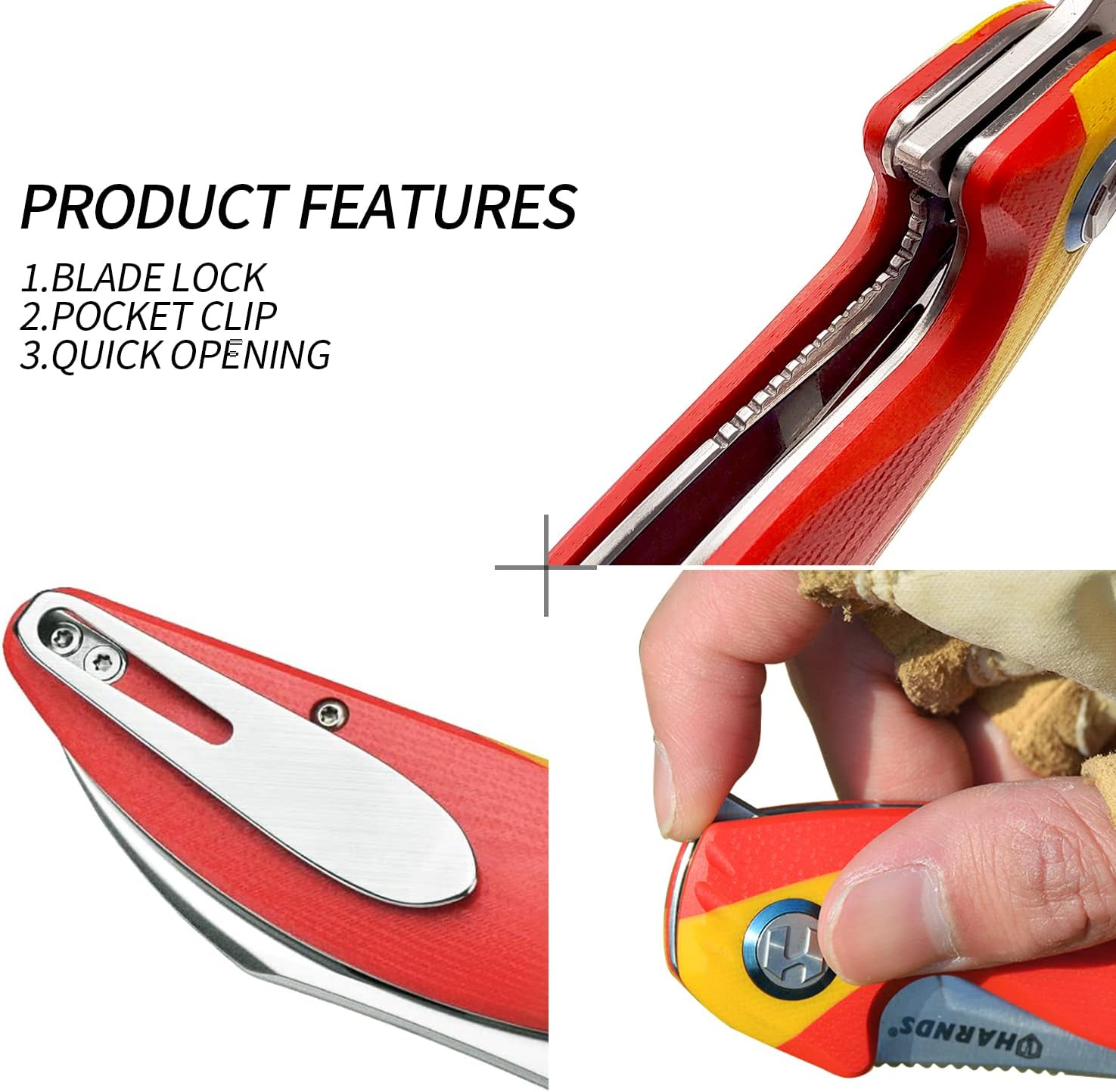 Harnds Parrot Premium Folding Knife with Sandvik 14C28N Blade 3.58" and G10 Handle with Clip, for EDC Outdoor Camping Hunting (Red & Yellow) image number 5