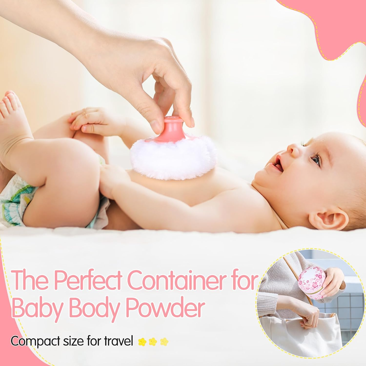 3 Pieces Body Powder Puff and Container, Baby Powder Container Floral Pattern with Large Fluffy Plush Puff Spoon, Baby Woman Loose Dusting Powder Tea Box for Home & Travel Use (Pink, Blue and Yellow) image number 2