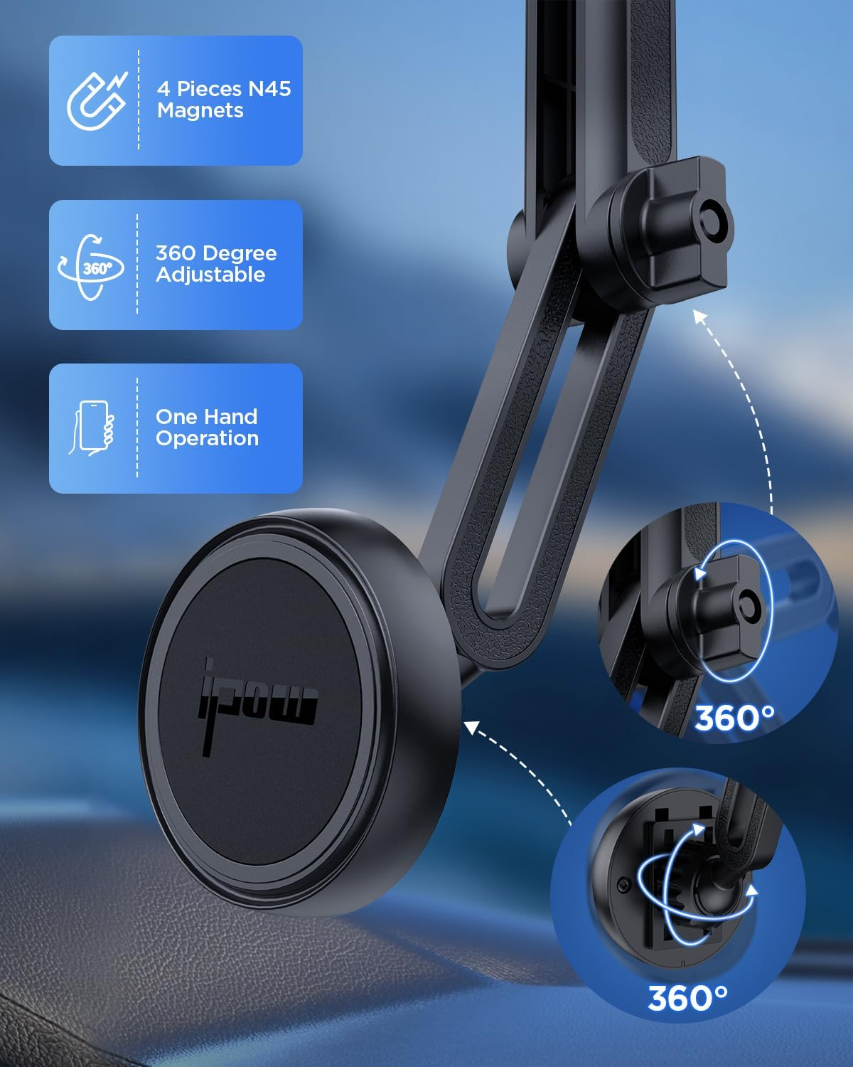 IPOW Magnetic Car Mount, Dashboard Magnetic Phone Holder for Car, Windshield Car Magnetic Phone Mount for Iphone 14/13/12 Series, Tap and Secure Mount, Black image number 2