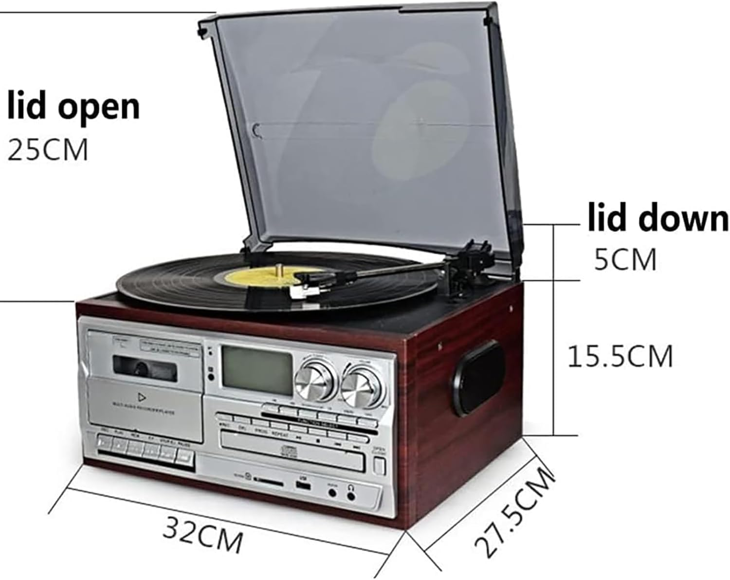 Vinyl Record Player, Cassette Tape Player with 3 Speed Bluetooth Vintage Turntable, Less Noise, Frosted Dust Cover, Built in Speakers, FM Radio, USB, CD Player Boombox, Music Centre image number 3