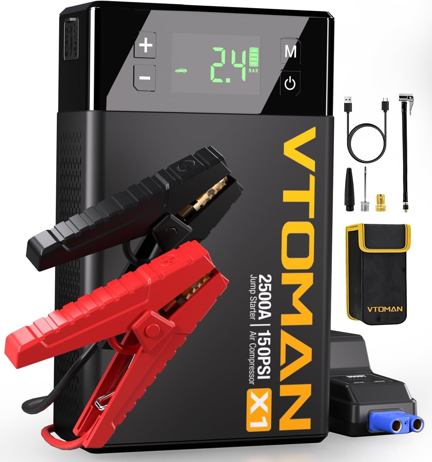 VTOMAN X1 Jump Starter with Air Compressor, 2500A Portable Battery Booster (Up to 8.5L Gas/6L Diesel Engines) with 150PSI Digital Tire Inflator, 12V Power Pack Car Jump Box Charger with LCD Display image number 6