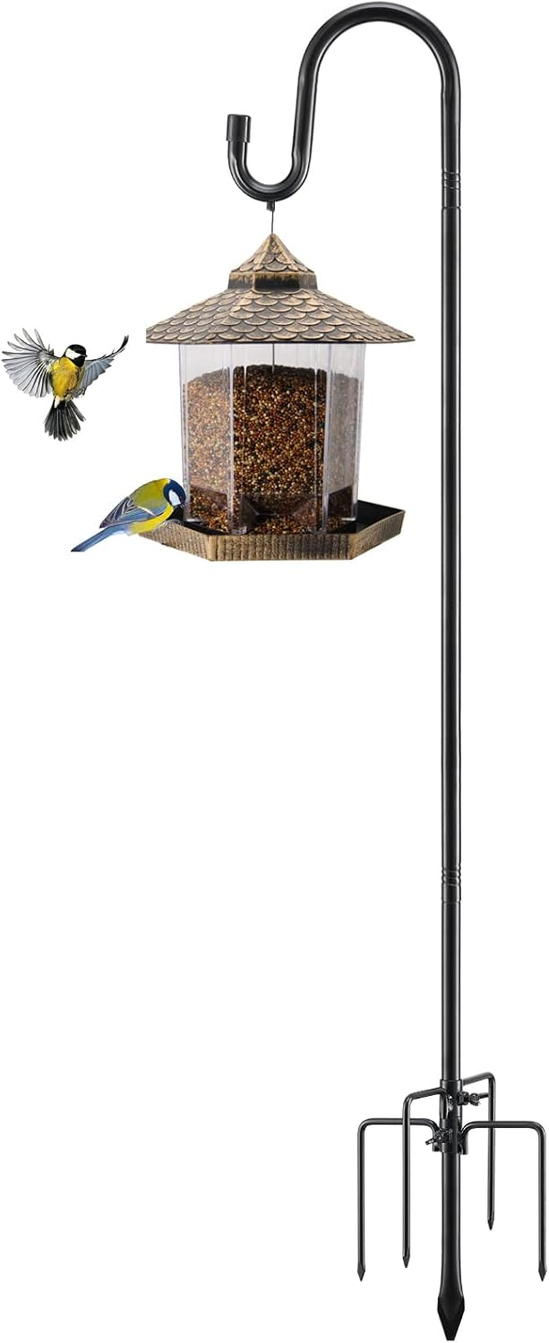 Bird Feeder Pole, 62 Inch & 5/8 Inch Diameter Stainless Steel Heavy Duty Shepherds Hooks for Outdoor to Hang Outdoor Lights with 5 Prongs Base, Rustproof for Garden Decor or Wedding Decors(Black)
