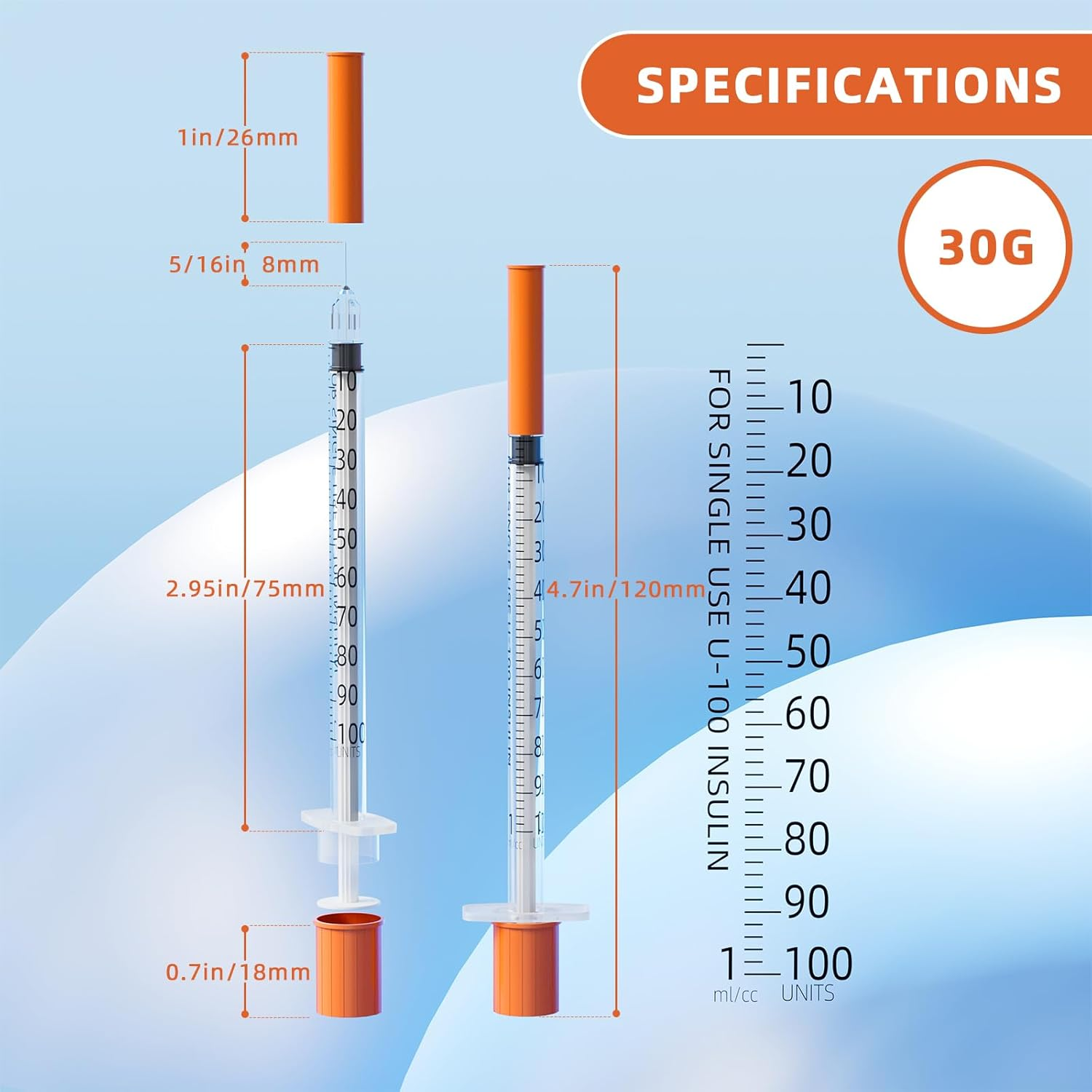 U-100 1Ml/Cc Syringes with 30G 5/16 Inch(8Mm),Luer Lock for Scientific Iaboratories,Disposable Individually Wrapped (20Pack) image number 1