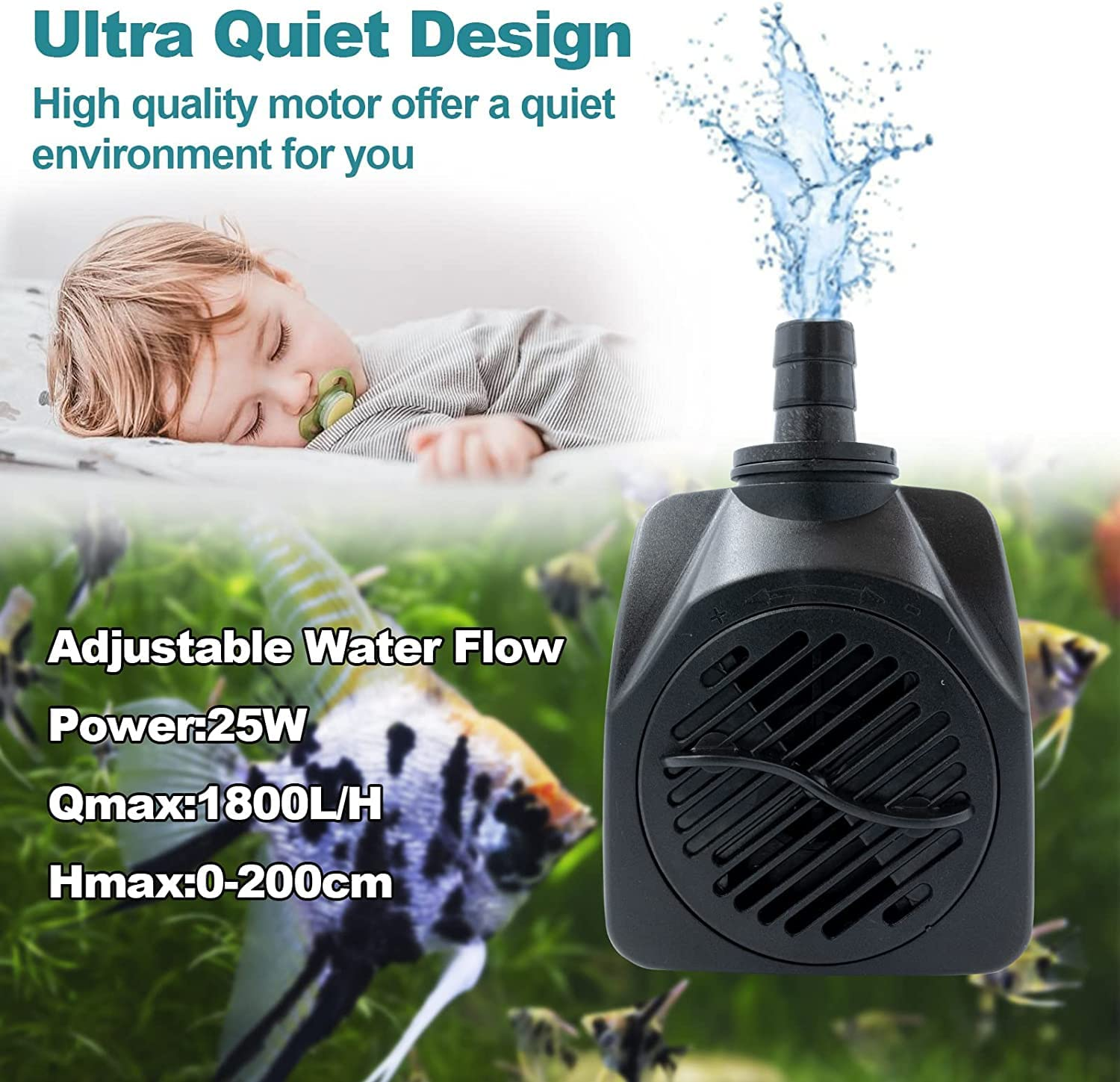 Submersible Pump, 25W Ultra Quiet Water Pump Small Submersible Pump for Fish Tank, 1800L/H Pond,Aquarium, Fountain, Statuary, Hydroponics image number 2