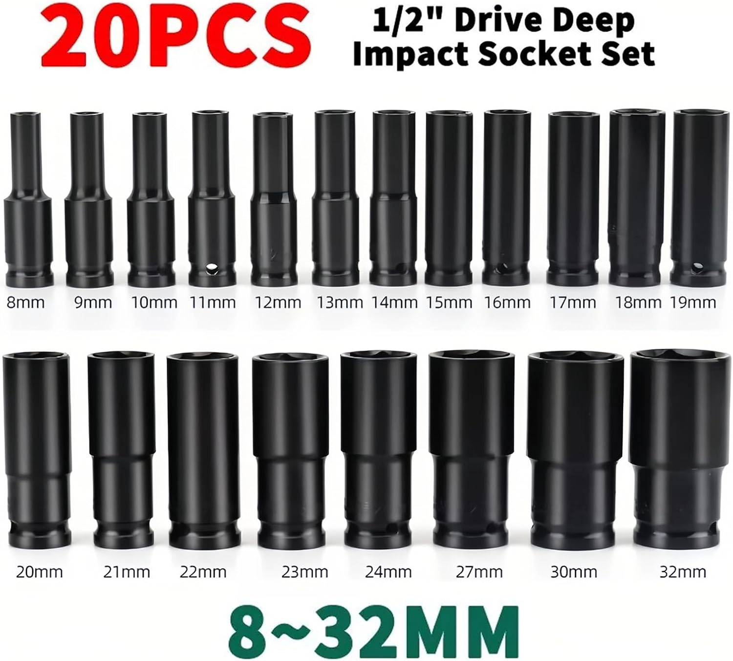 20PCS 1/2 Inch Drive Deep Impact Socket Set Metric Garage Workshop Tools 8-32Mm，Chrome Vanadium Cr-V,6-Point with Storage Case,For Home, Auto Repair or Other Mechanical Tasks image number 5