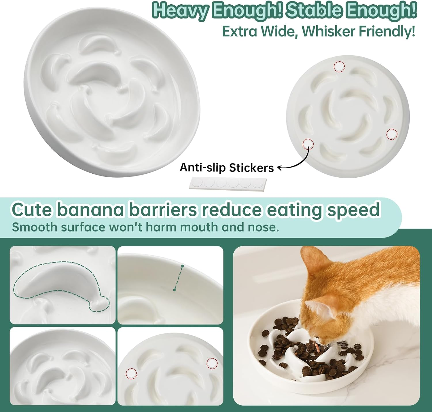 Cat Slow Feeder Bowl Set - 2 Pcs Ceramic Cat Food Plates for Slow Eating - Double Cat Dish for Dry Wet Food - Slow Feeding Cat Bowls Whisker Friendly - Microwave and Dishwasher Safe - White and Pink