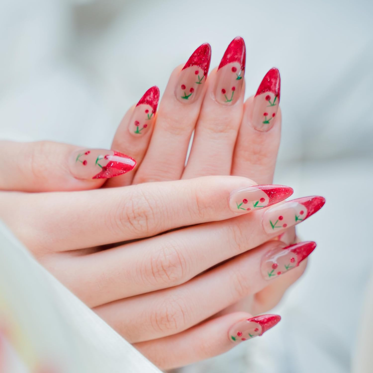 Sun&Beam Nails Handmade Press-On Medium Long Amlond Red Nude Beige French Cherry Sweet Design Fashion False Nail Tips 10 Pcs Set (#217 L) image number 2