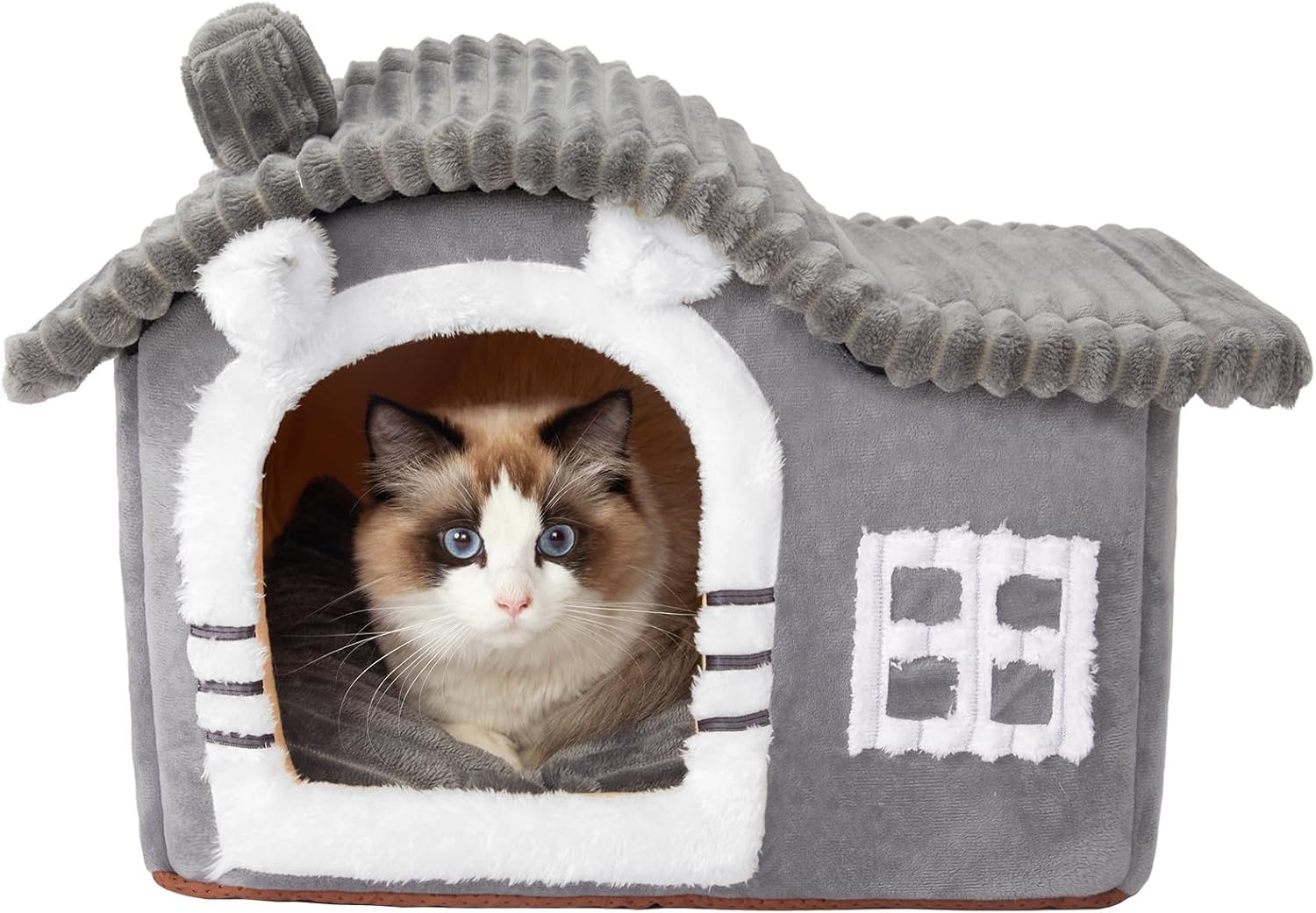 Jiupety Bear Cat Houses for Indoor Cats, Chimney Cute Cat Bed Cave, Enough Interior Space, Cartoon Soft Pet House up to 3-7 Lbs Kitten, Brown