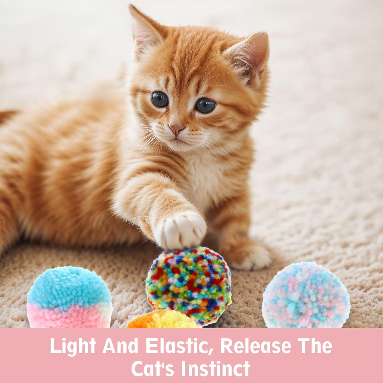 Bremorou Pack of 6 Colorful Cat Pom Pom Balls - Cat Ball Toy - Rainbow Cat Toy Balls - Christmas Cat Ball - Soft Cat Ball - Interactive Training Play Ball for Cats image number 2